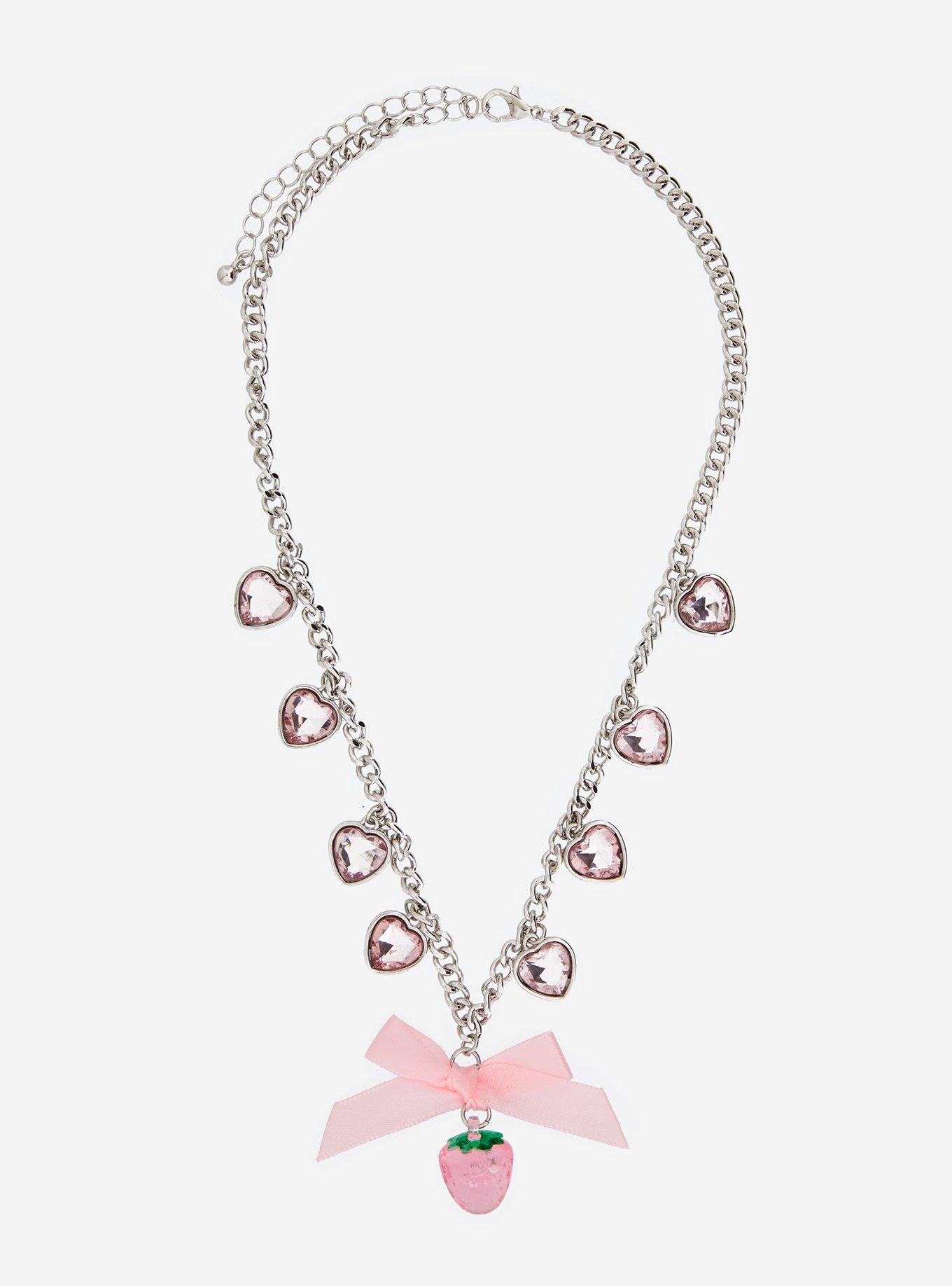 Sweet Society Pink Strawberry Bow Heart Gem Charm Necklace, , hi-res