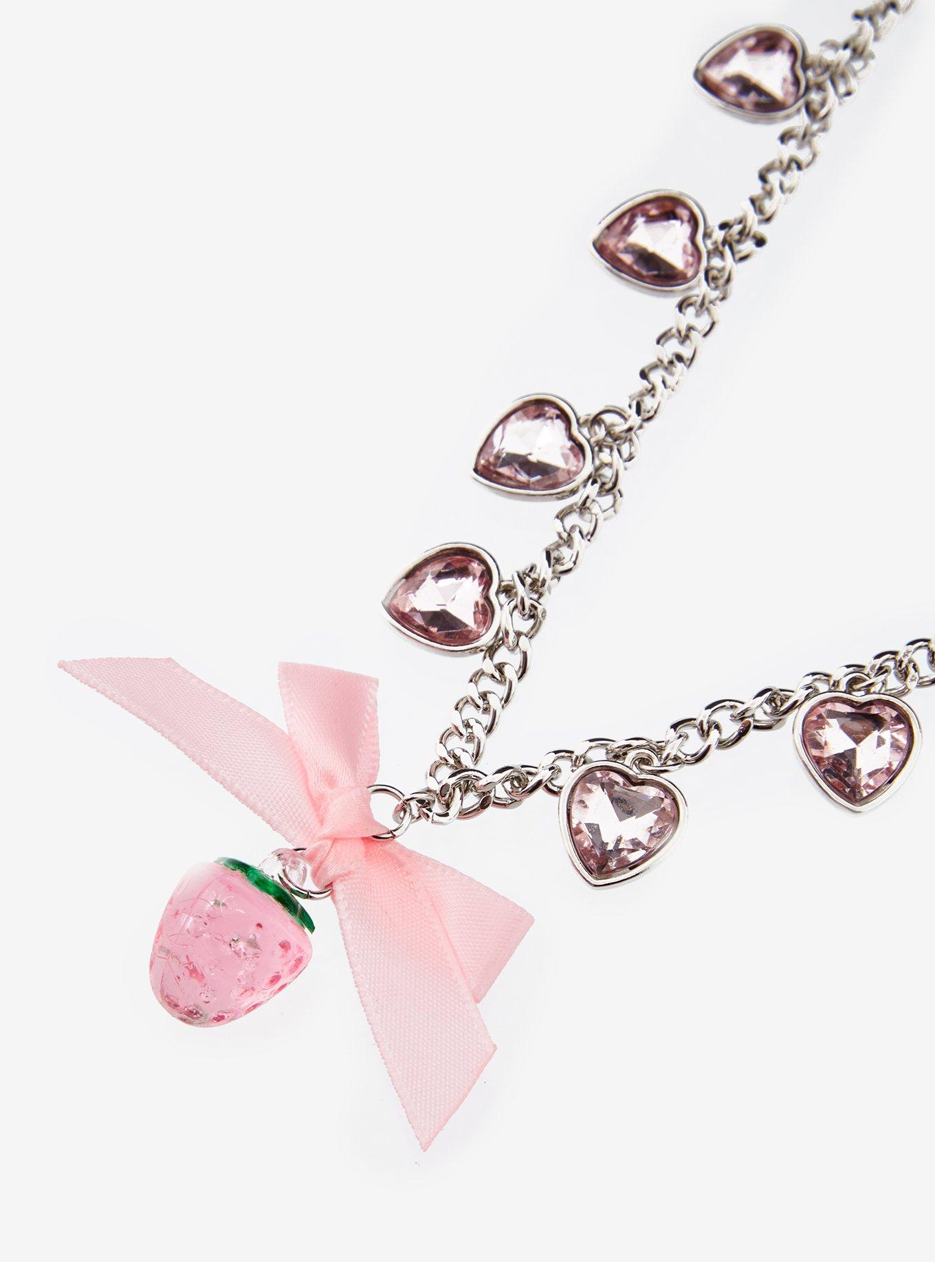 Sweet Society Pink Strawberry Bow Heart Gem Charm Necklace, , alternate