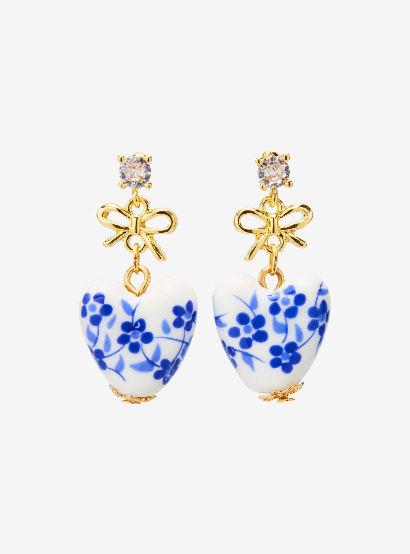 Sweet Society White & Blue Floral Heart Drop Earrings, , hi-res