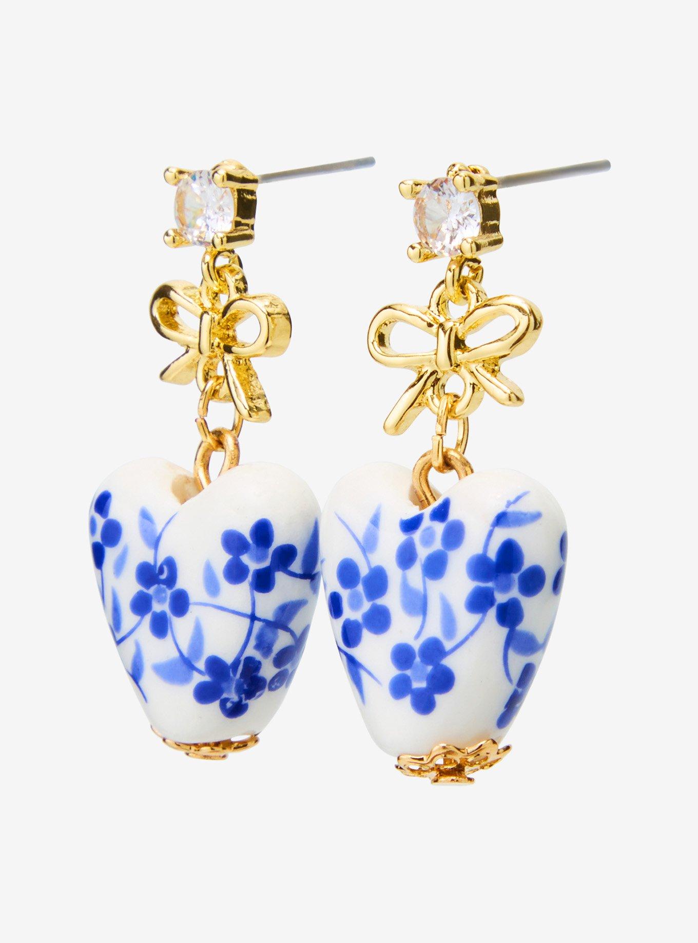 Sweet Society White & Blue Floral Heart Drop Earrings, , alternate