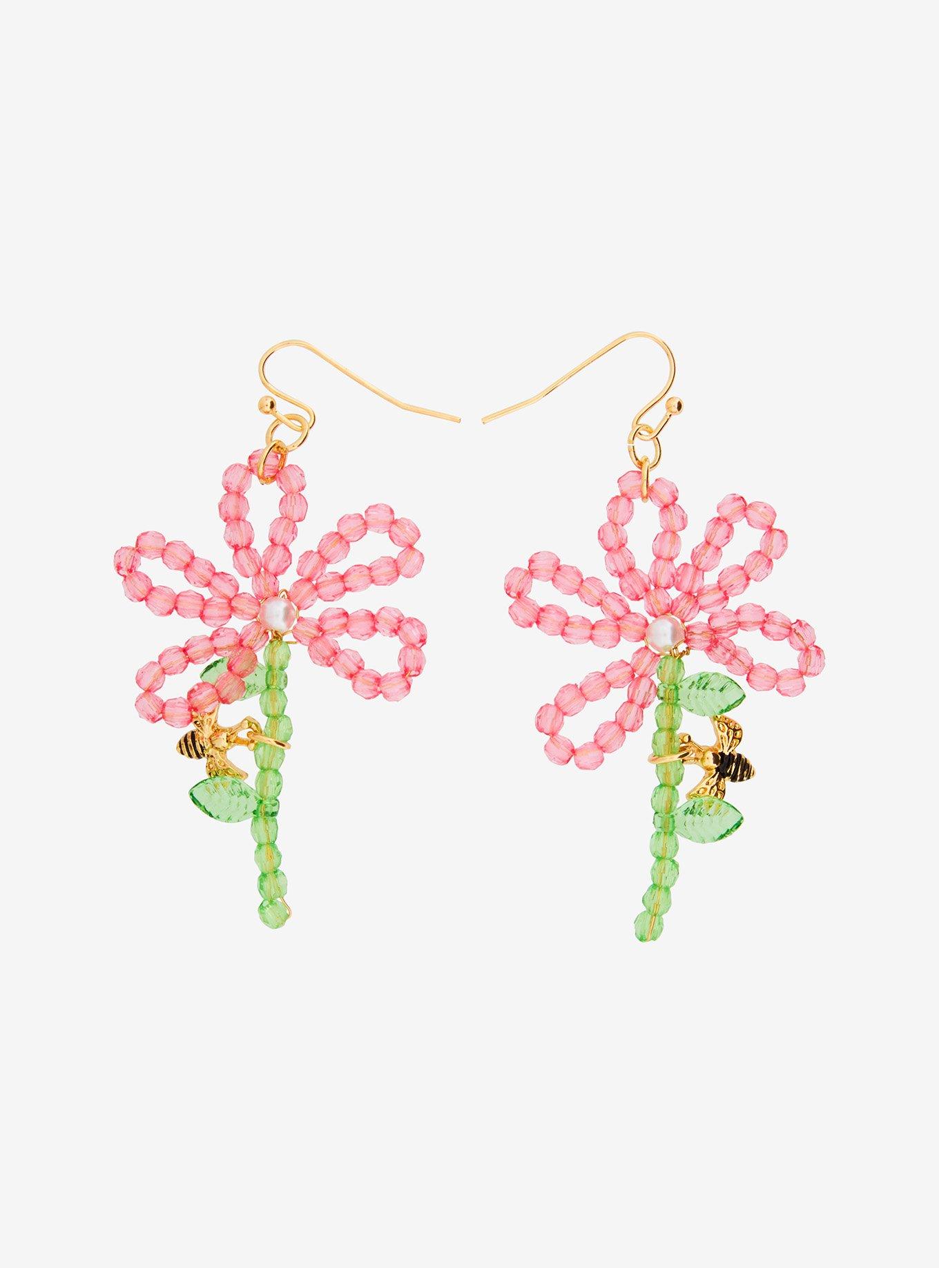 Thorn & Fable Pink Flower Bee Bead Drop Earrings, , hi-res