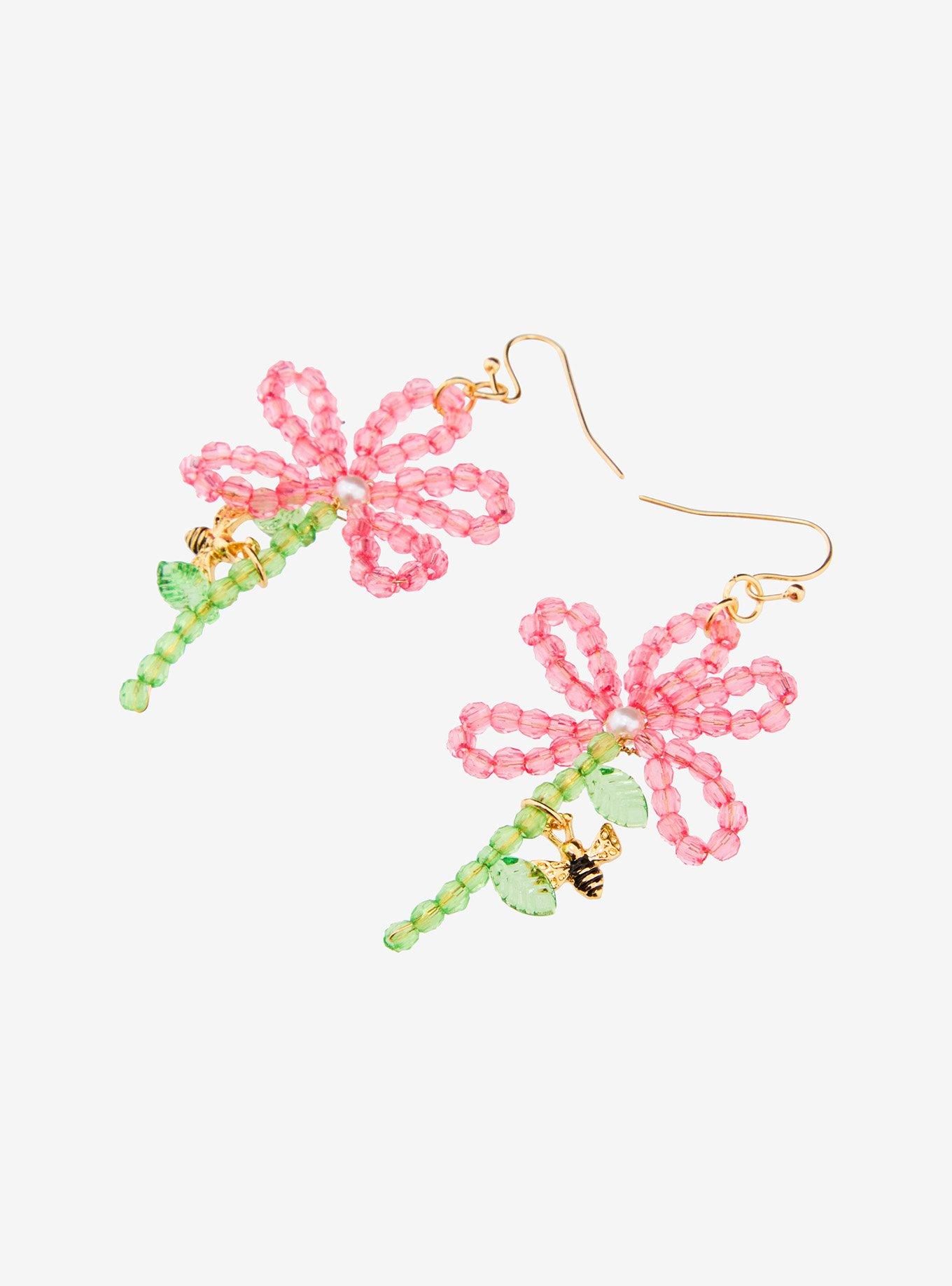 Thorn & Fable Pink Flower Bee Bead Drop Earrings, , alternate