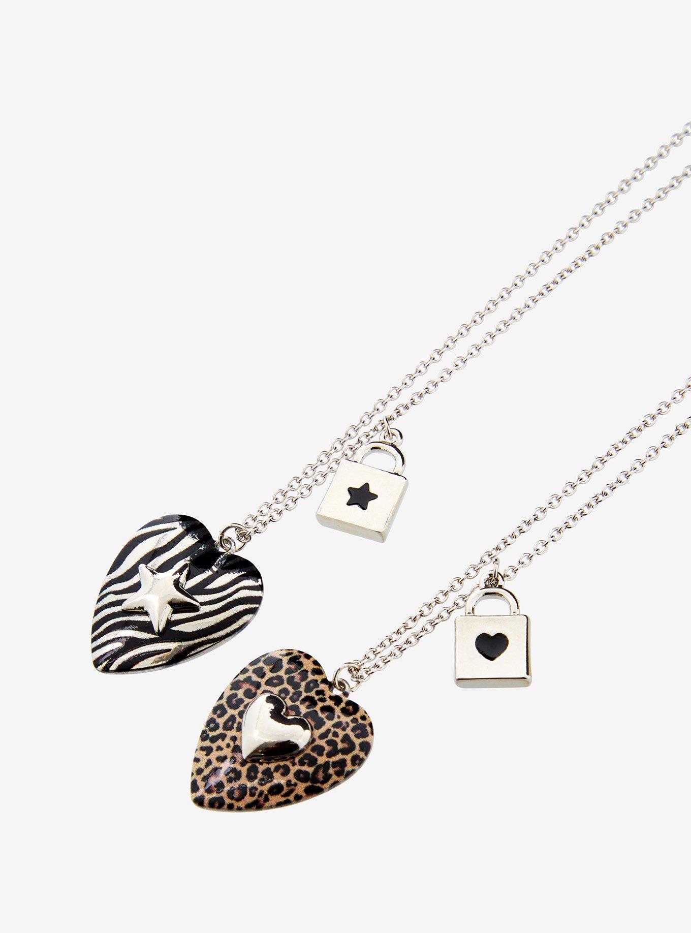 Leopard & Zebra Heart Padlock Best Friend Necklace Set, , alternate