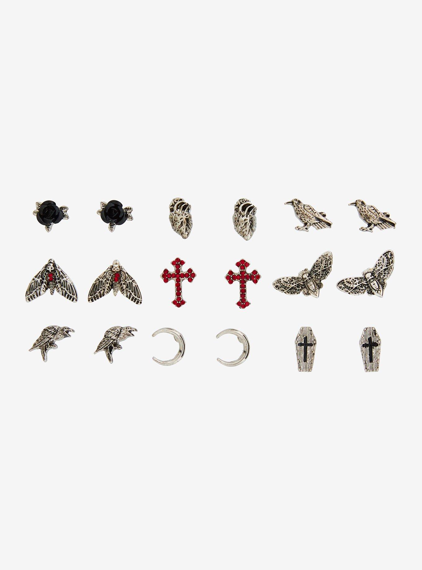 Gothic Raven Coffin Moth Cross Stud Earring Set, , hi-res