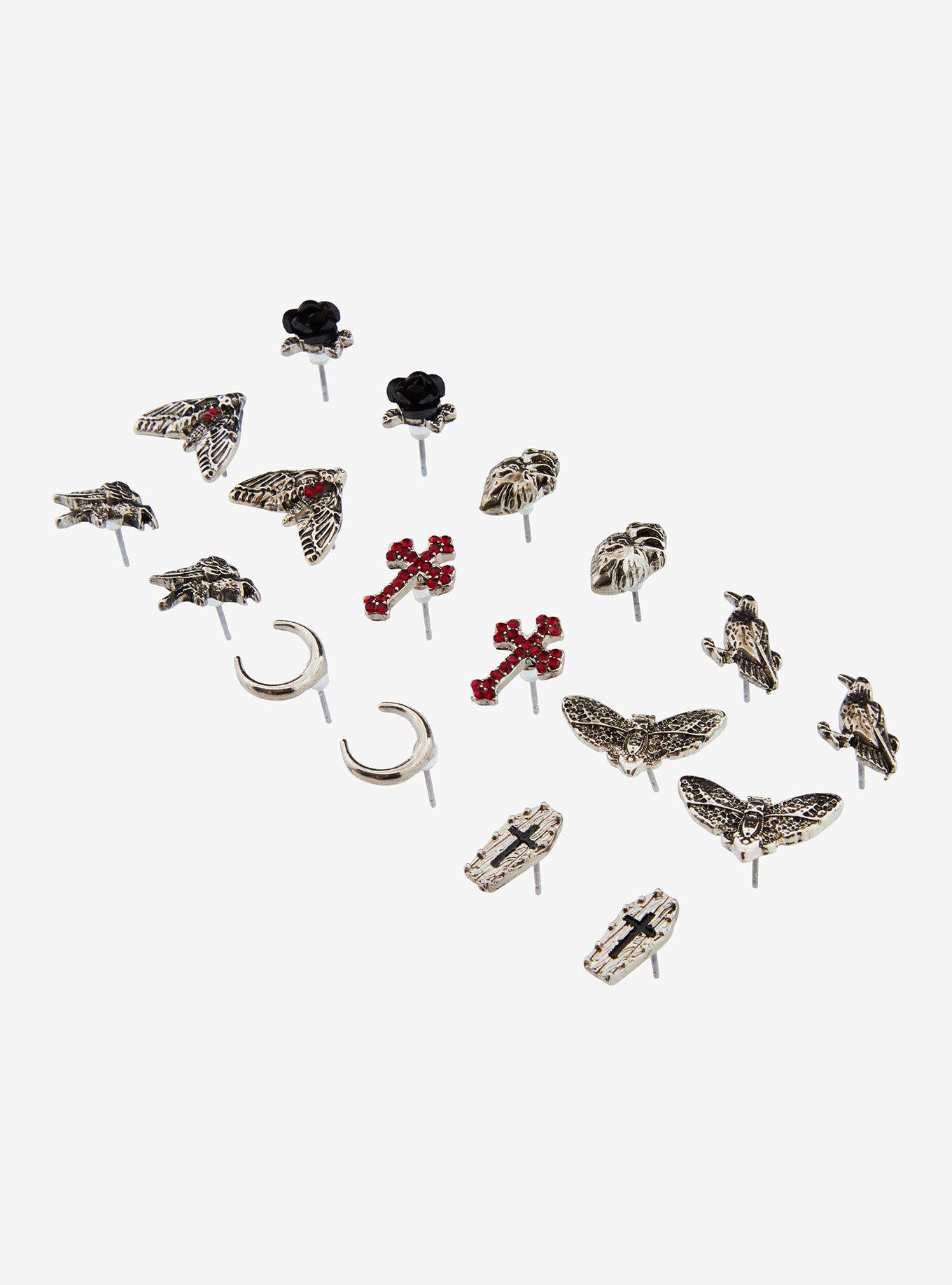 Gothic Raven Coffin Moth Cross Stud Earring Set, , alternate