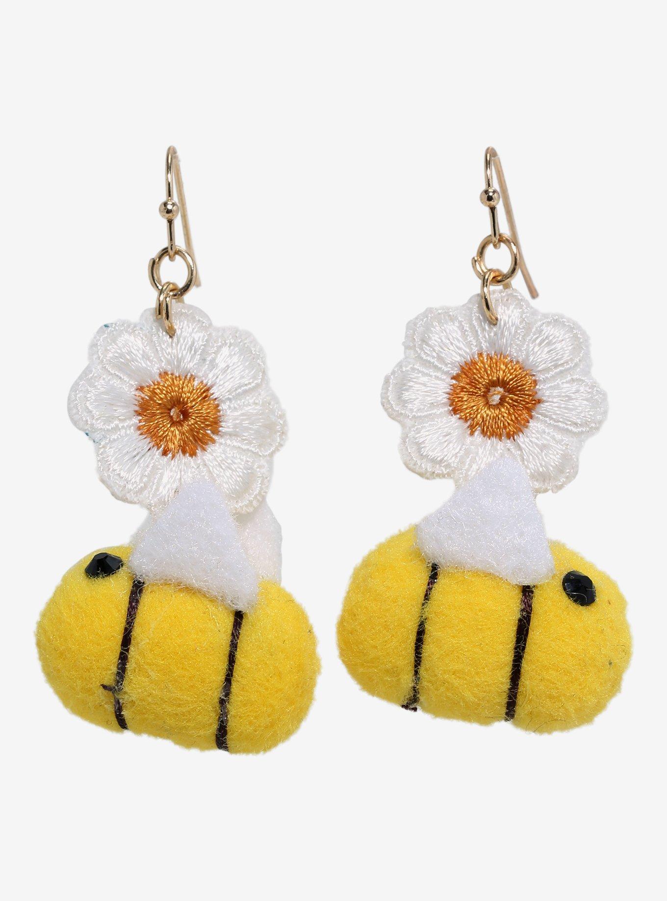 Thorn & Fable Bee Flower Fuzzy Drop Earrings, , hi-res