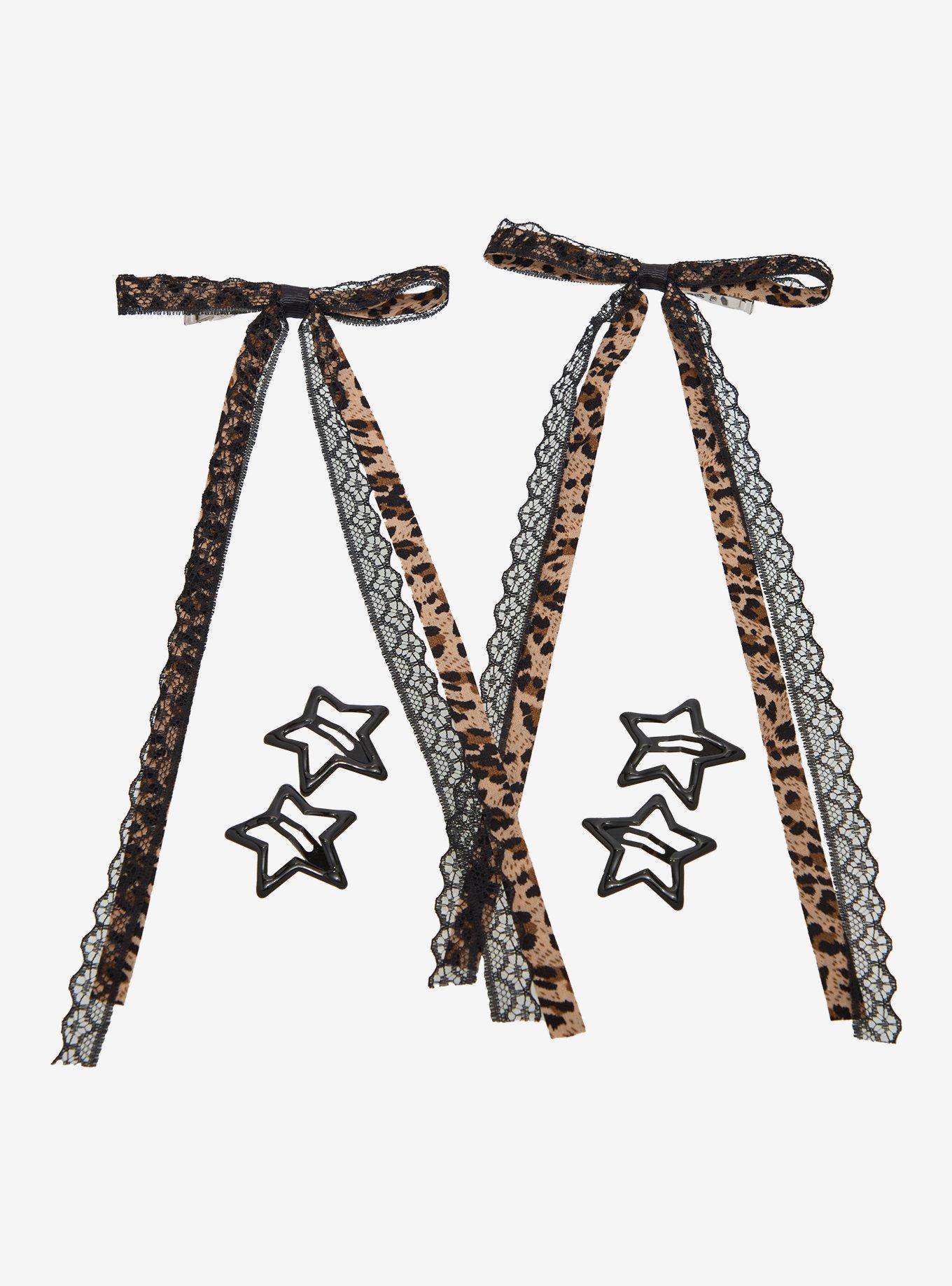 Leopard Bow & Black Star Hair Clip Set, , hi-res
