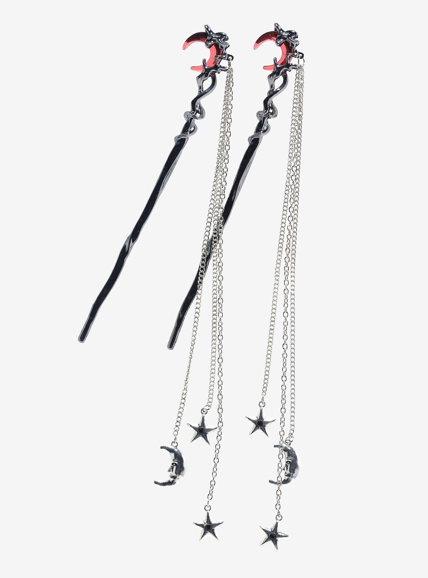 Cosmic Aura Wrapped Red Crescent Moon Chain Hair Sticks, , hi-res