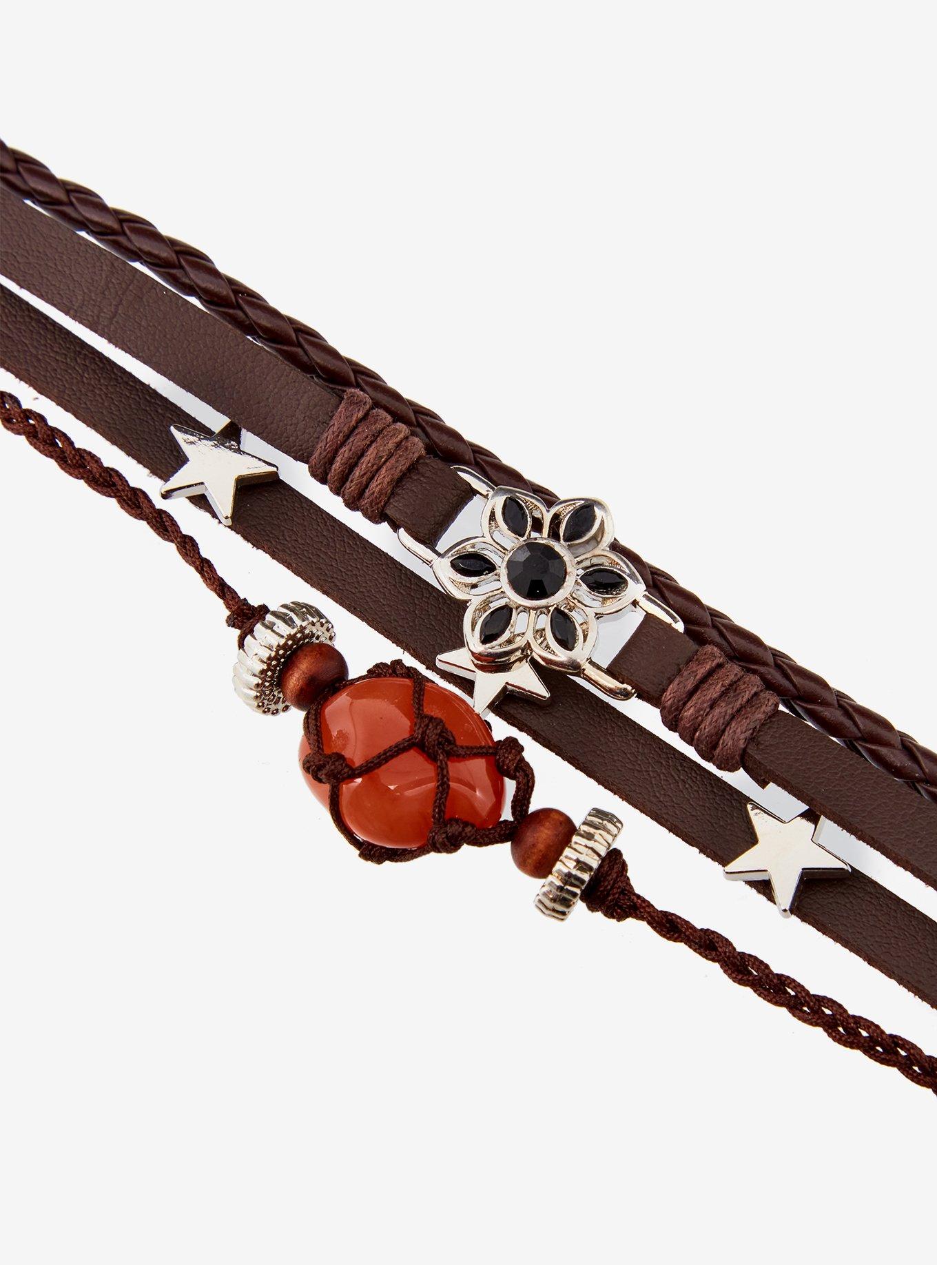 Thorn & Fable Faux Leather Flower Stone Layered Bracelet, , hi-res