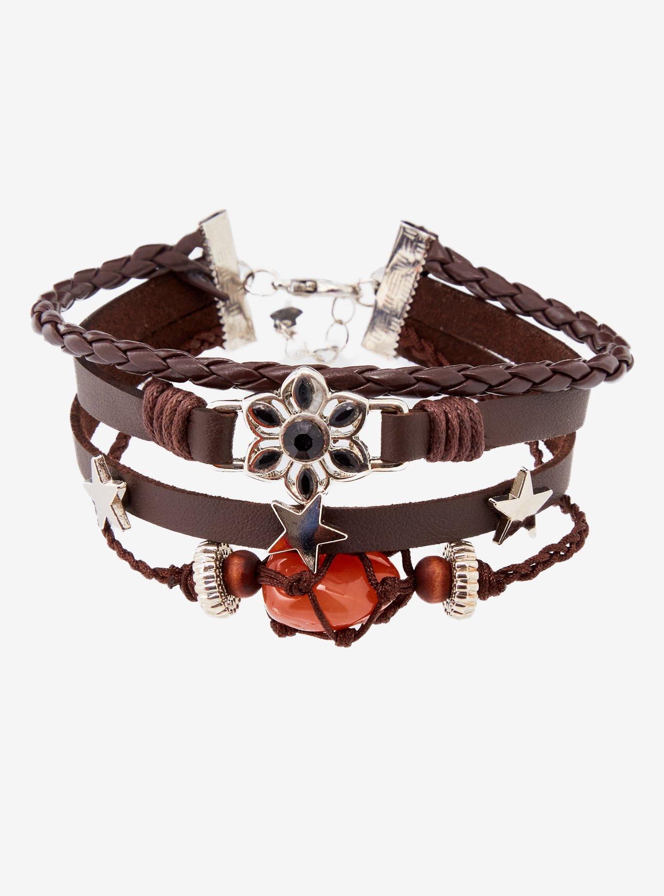 Thorn & Fable Faux Leather Flower Stone Layered Bracelet, , alternate