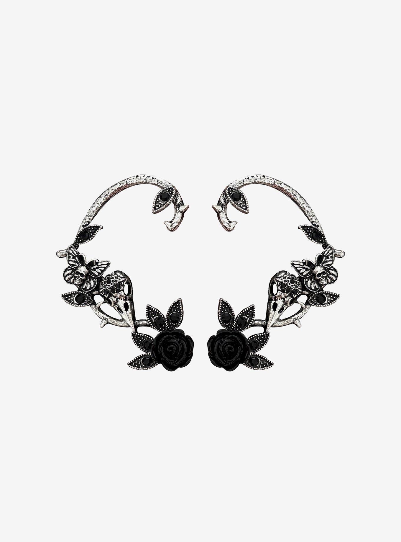 Cosmic Aura Raven Skull Black Rose Ear Cuff Set, , hi-res