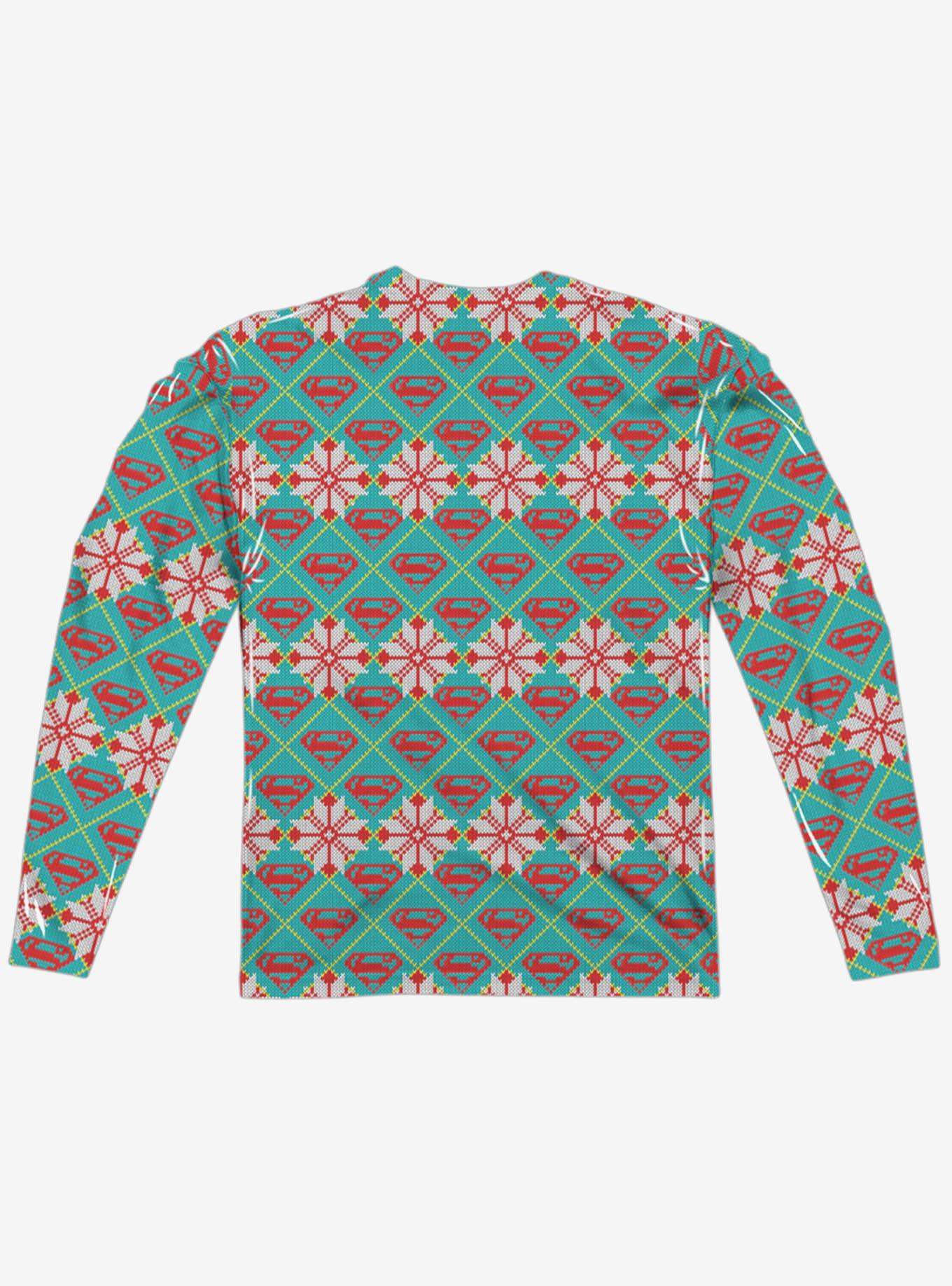 DC Comics Superman All Over Christmas Sweater Print Long Sleeve Sublimated T-Shirt, MULTI, alternate