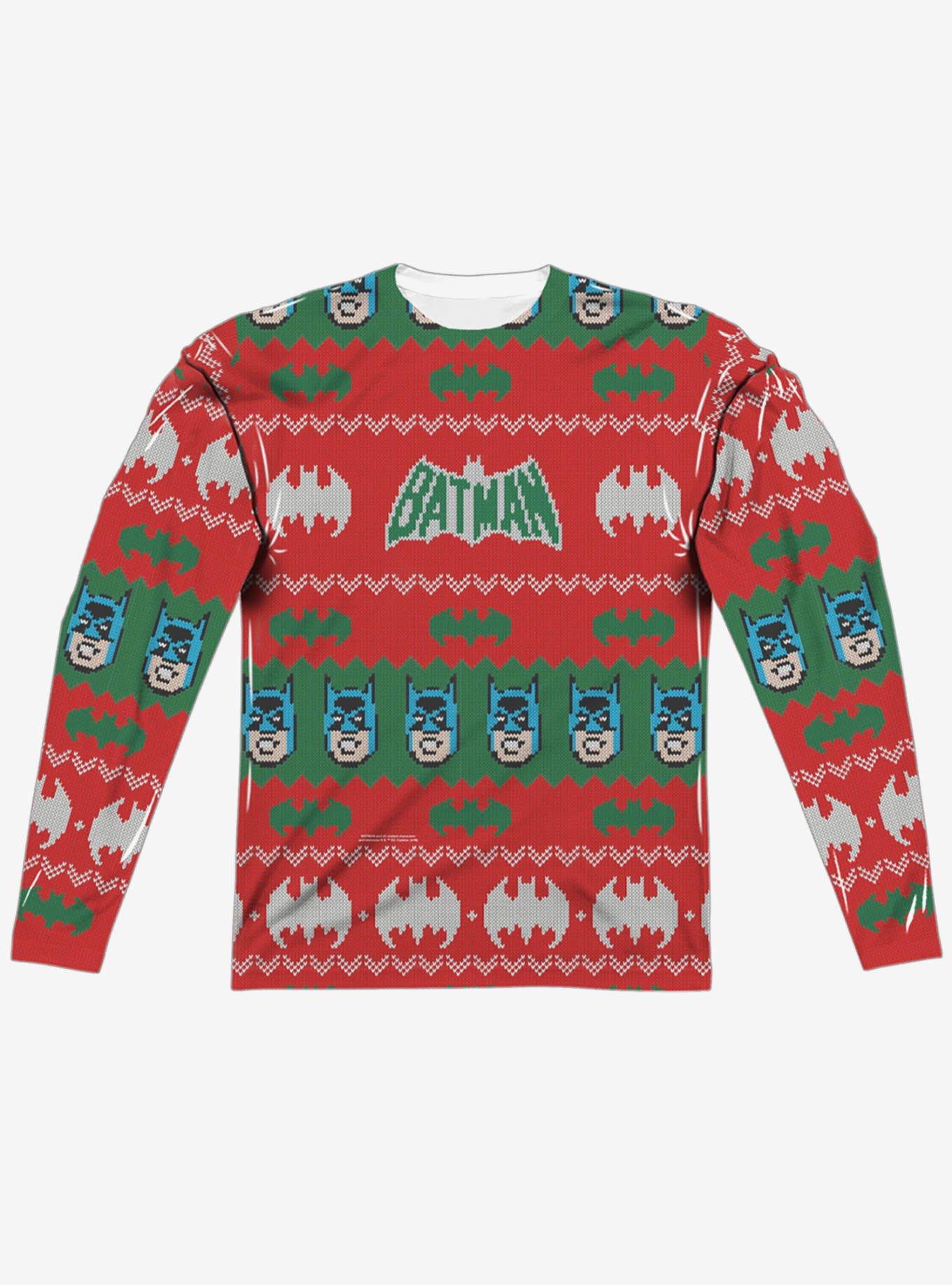 DC Comics Batman Bat Christmas Sweater Print Long Sleeve Sublimated T-Shirt, MULTI, alternate