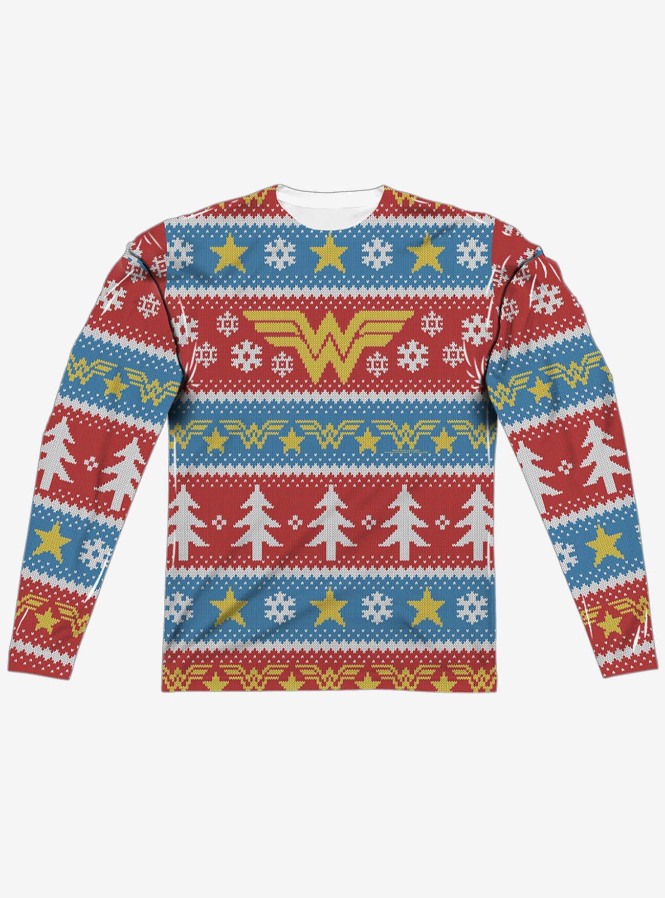 DC Comics Wonder Woman Christmas Sweater Print Long Sleeve Sublimated T-Shirt, MULTI, alternate