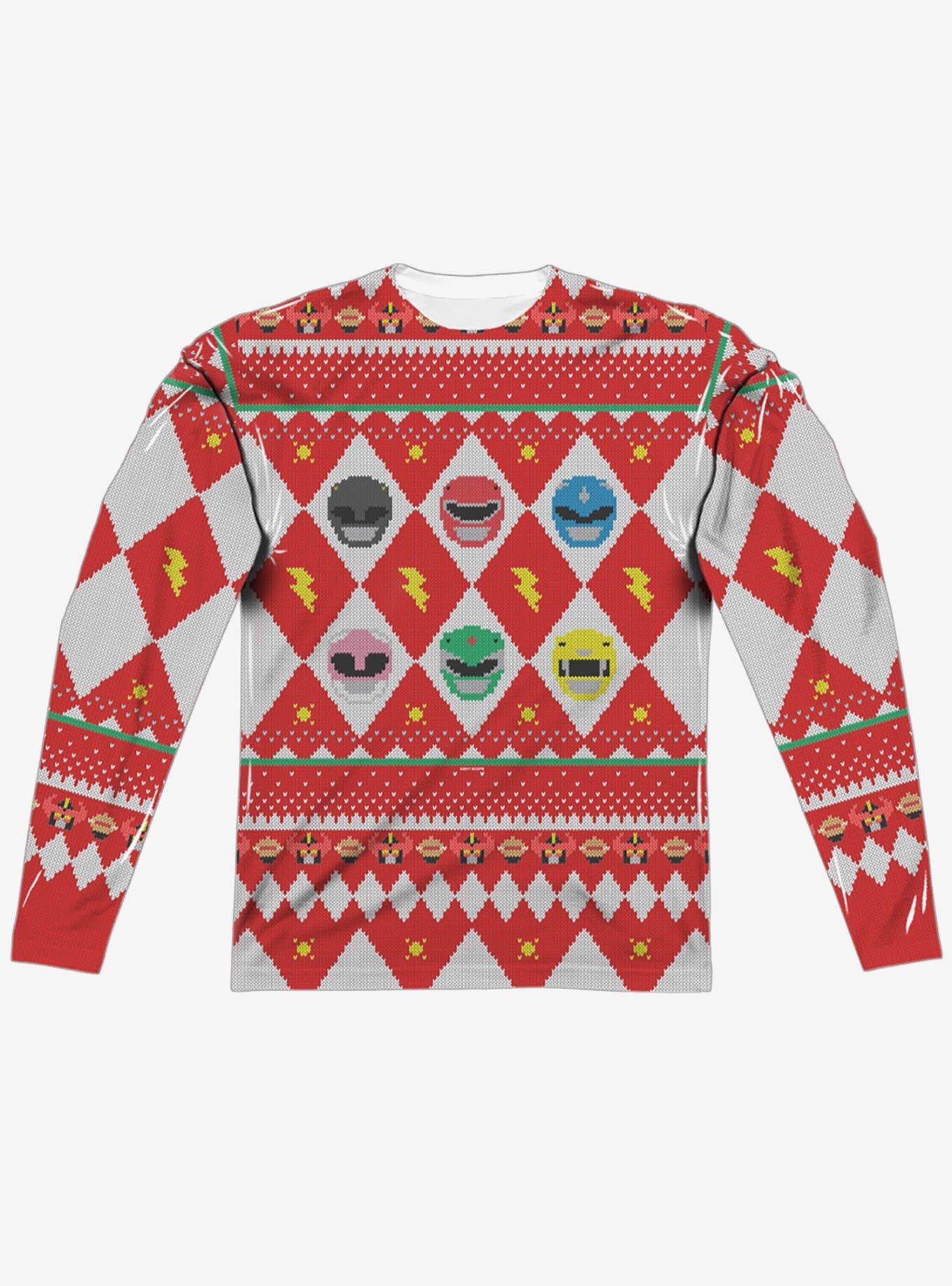 Mighty Morphin Power Rangers Ho Ho Christmas Sweater Print Long Sleeve Sublimated T-Shirt, MULTI, alternate