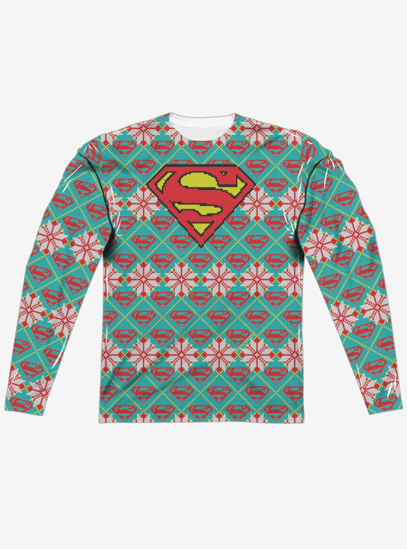 DC Comics Superman All Over Christmas Sweater Print Long Sleeve Sublimated T-Shirt, MULTI, alternate