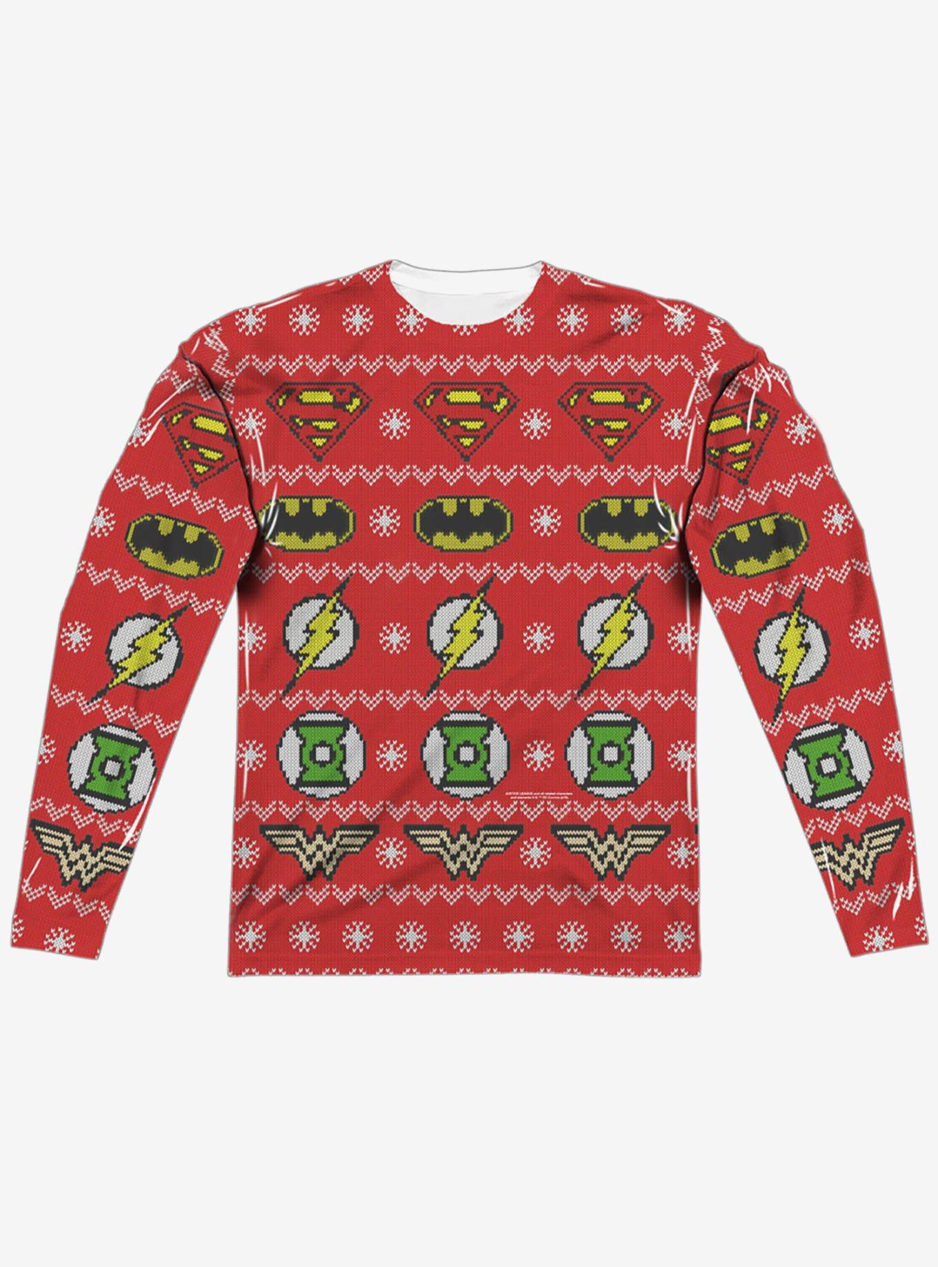 Justice League All Over Christmas Sweater Print Long Sleeve Sublimated T-Shirt, MULTI, alternate