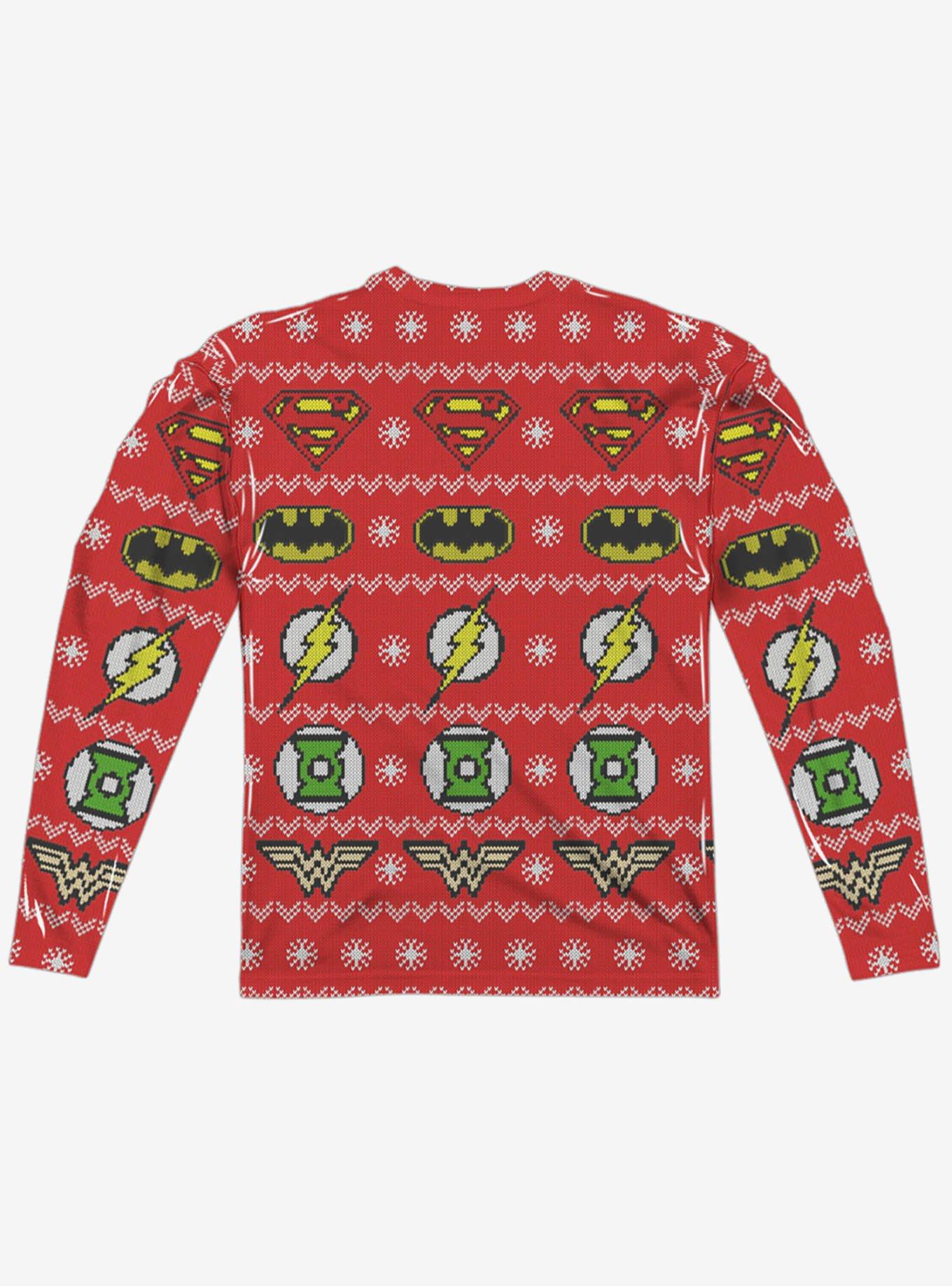 Justice League All Over Christmas Sweater Print Long Sleeve Sublimated T-Shirt, MULTI, alternate