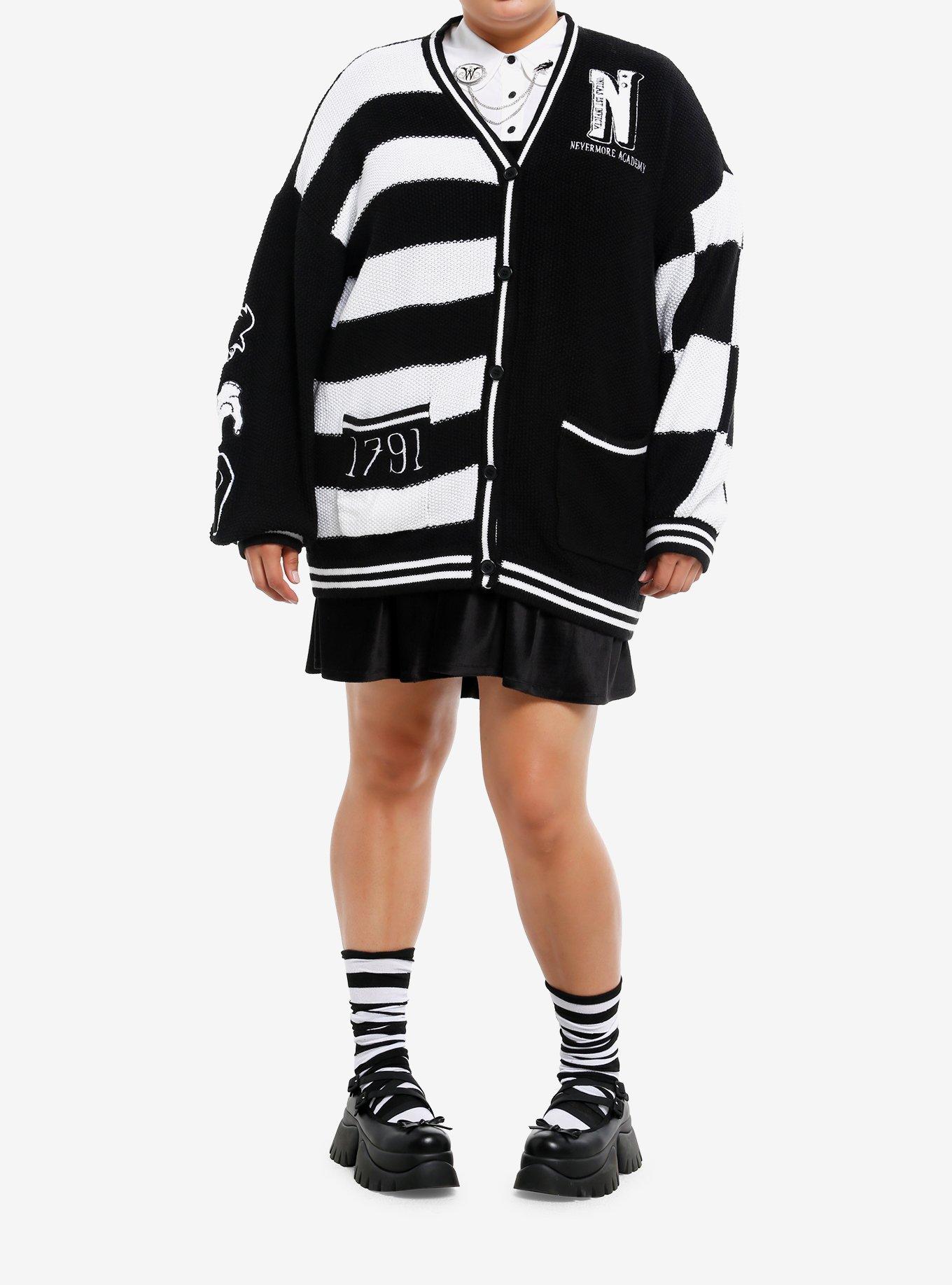 Wednesday Black & White Stripe Patches Slouchy Cardigan Plus Size, , hi-res