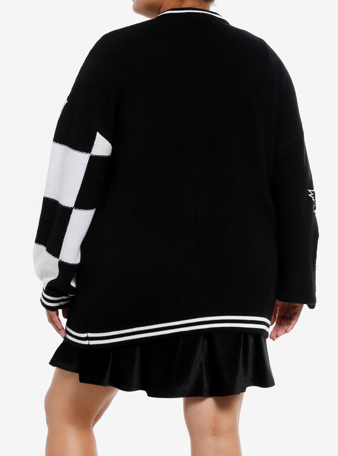 Wednesday Black & White Stripe Patches Slouchy Cardigan Plus Size, BLACK  WHITE, alternate