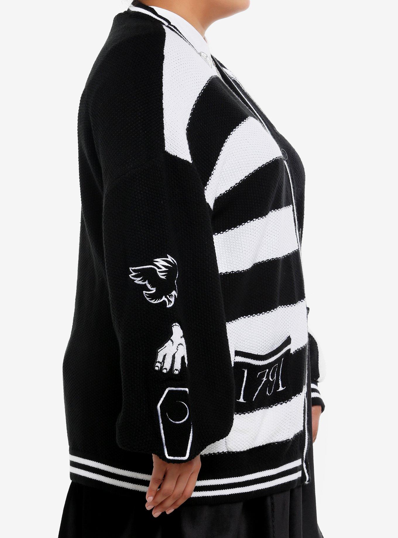 Wednesday Black & White Stripe Patches Slouchy Cardigan Plus Size, BLACK  WHITE, alternate