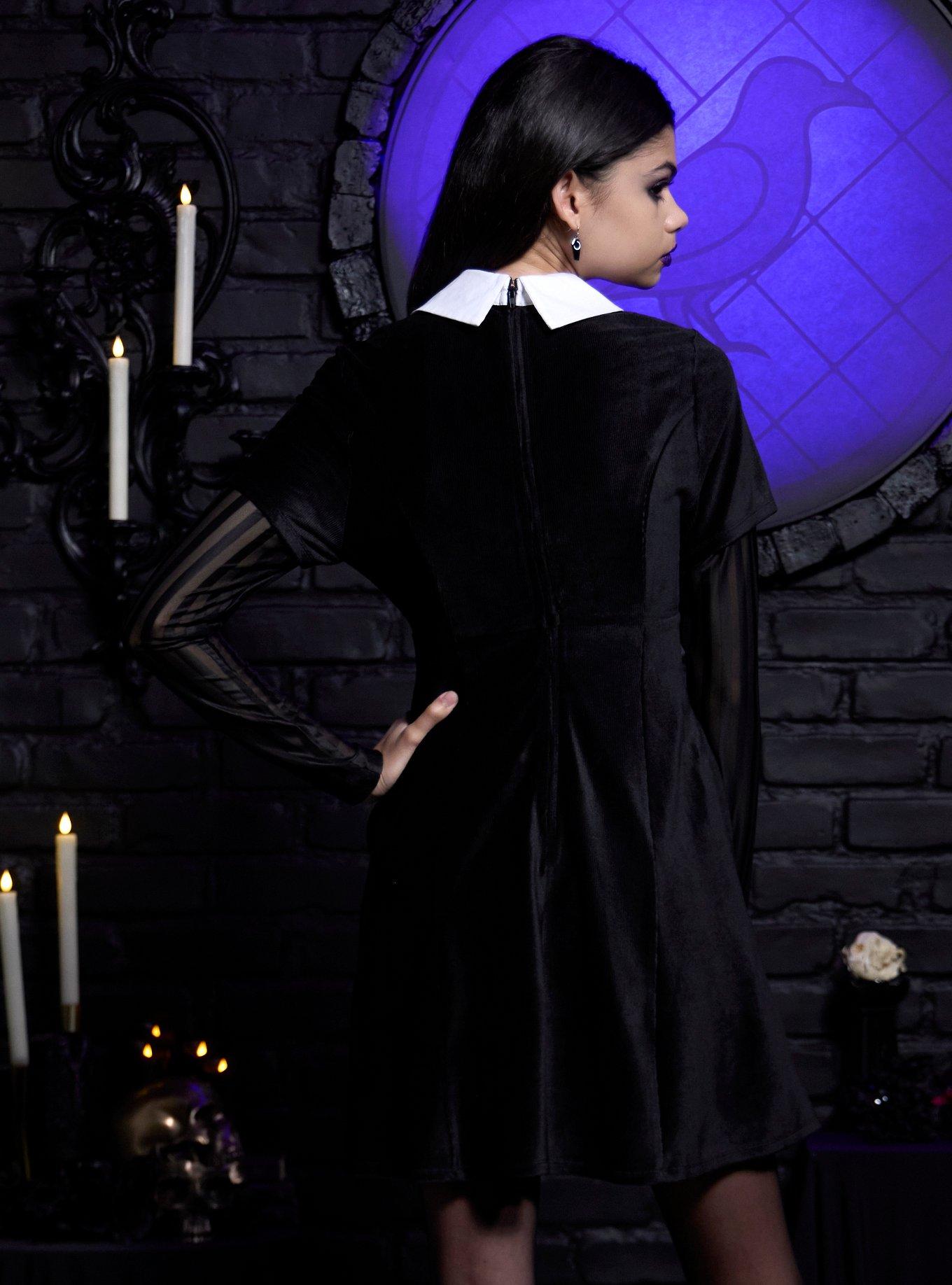 Wednesday Black Velvet Collared Twofer Long-Sleeve Dress, BLACK  WHITE, alternate
