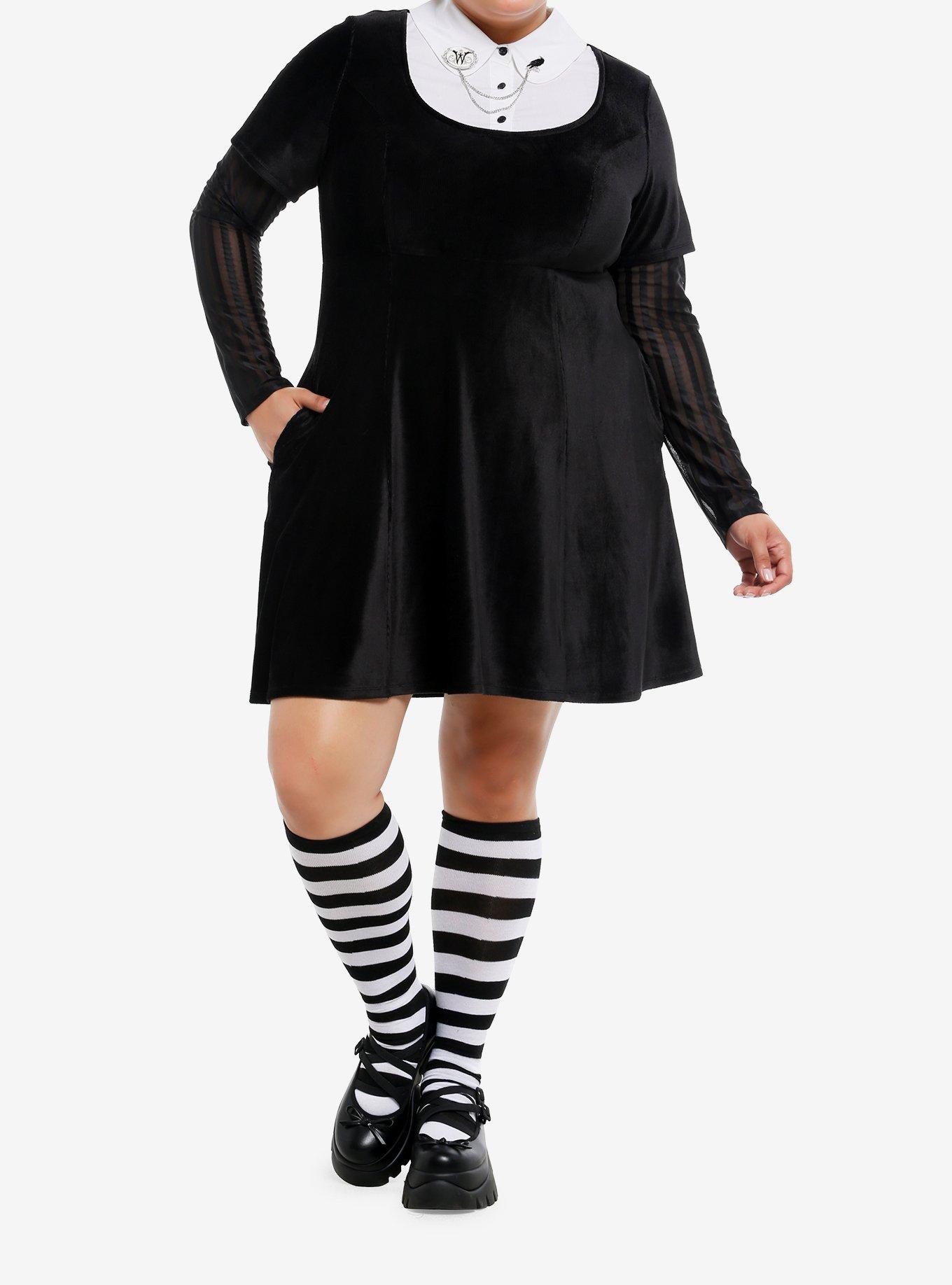 Wednesday Black Velvet Collared Twofer Long-Sleeve Dress Plus Size, , hi-res