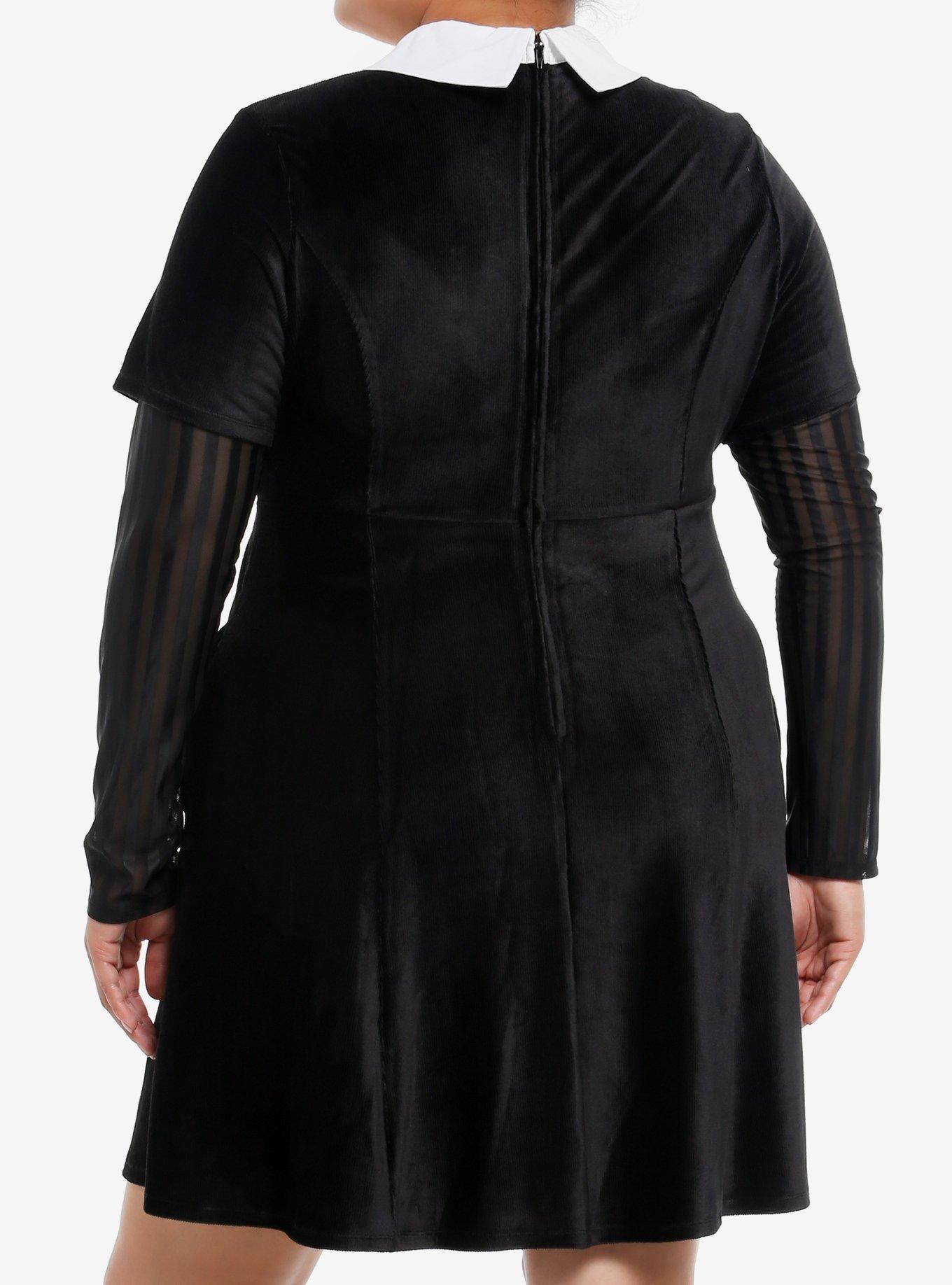 Wednesday Black Velvet Collared Twofer Long-Sleeve Dress Plus Size, BLACK  WHITE, alternate