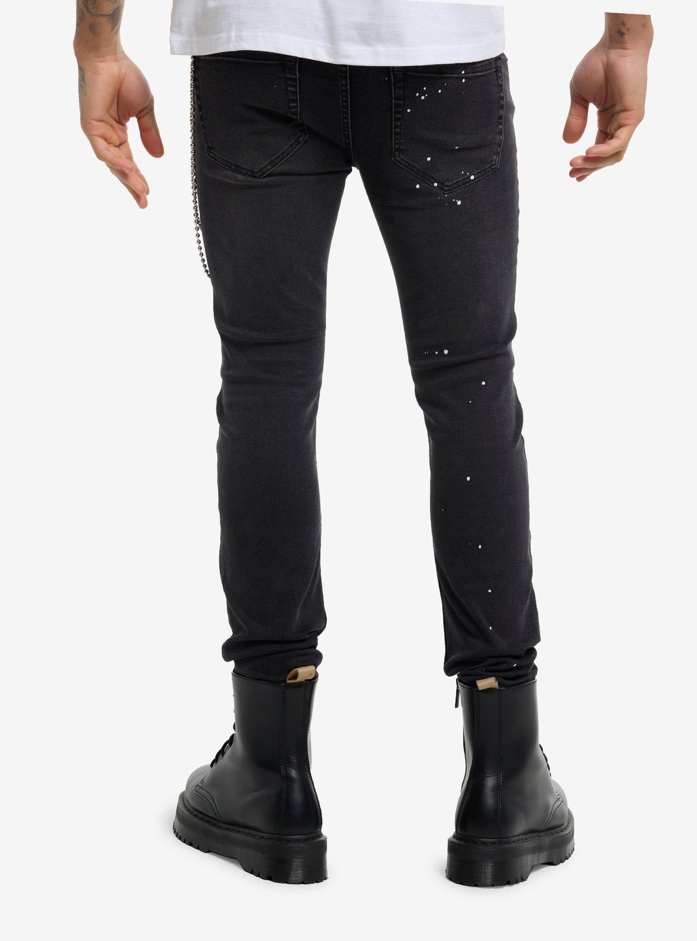 Black & White Splatter Destructed Side Chain Stinger Jeans, , hi-res