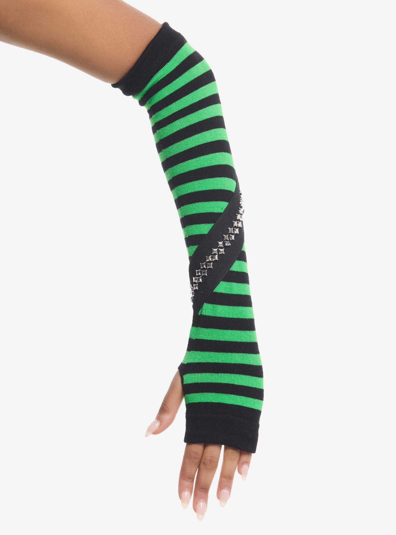 Black & Green Stripe Stud Strap Arm Warmers, , hi-res