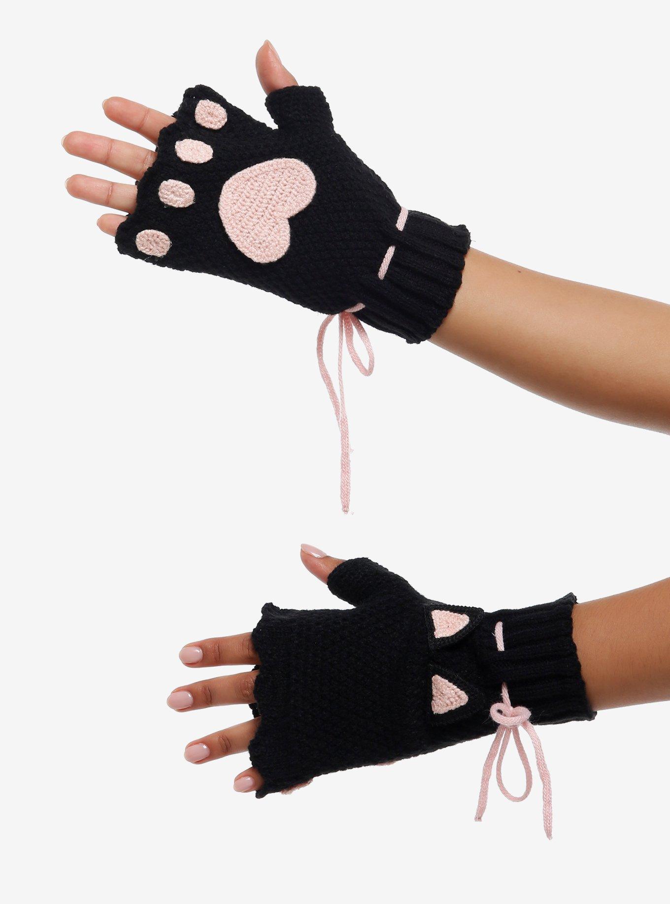 Black & Pink Cat 3D Ear Fingerless Gloves, , hi-res