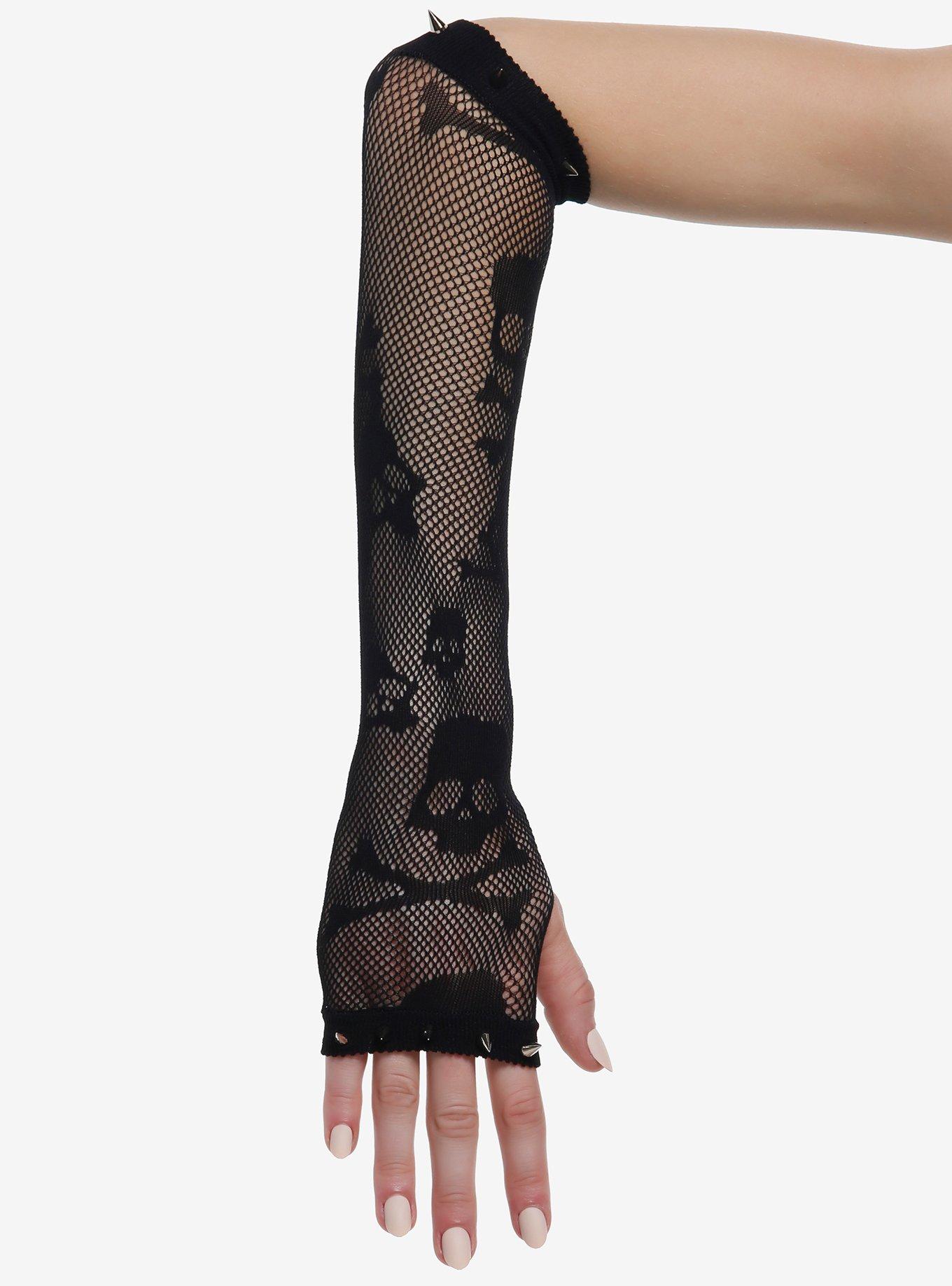 Skull & Crossbones Spike Fishnet Arm Warmers, , hi-res