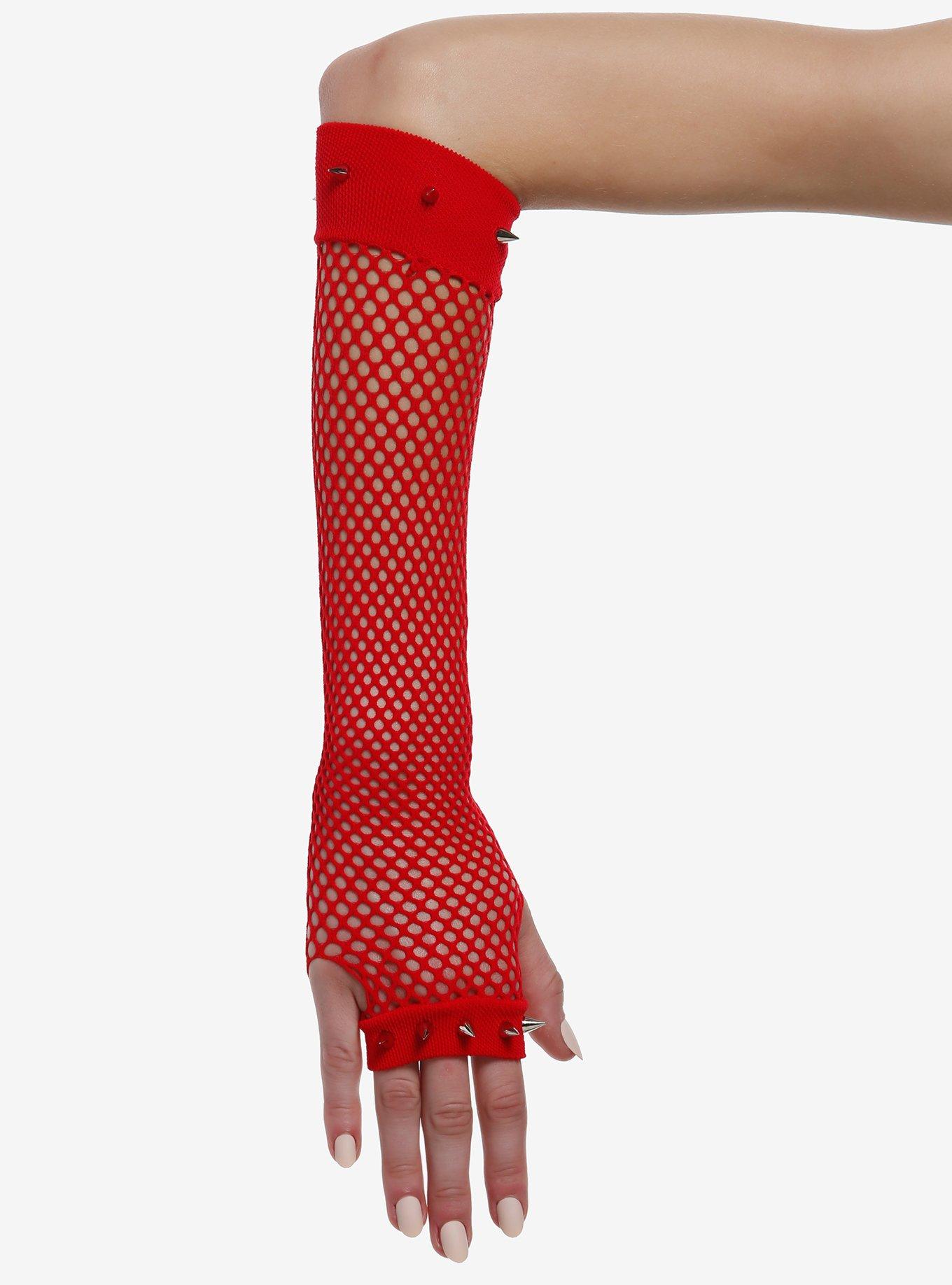Red Spike Stud Fishnet Arm Warmers, , hi-res