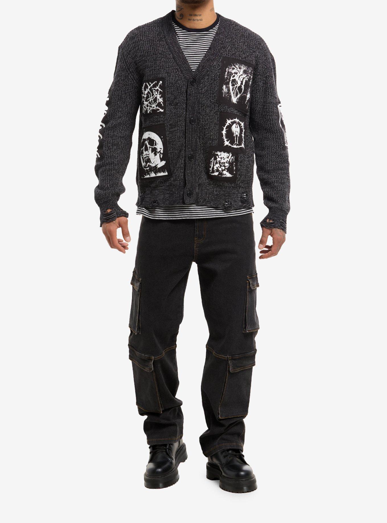 Grey Skull Heart Patch Destructed Cardigan, , hi-res