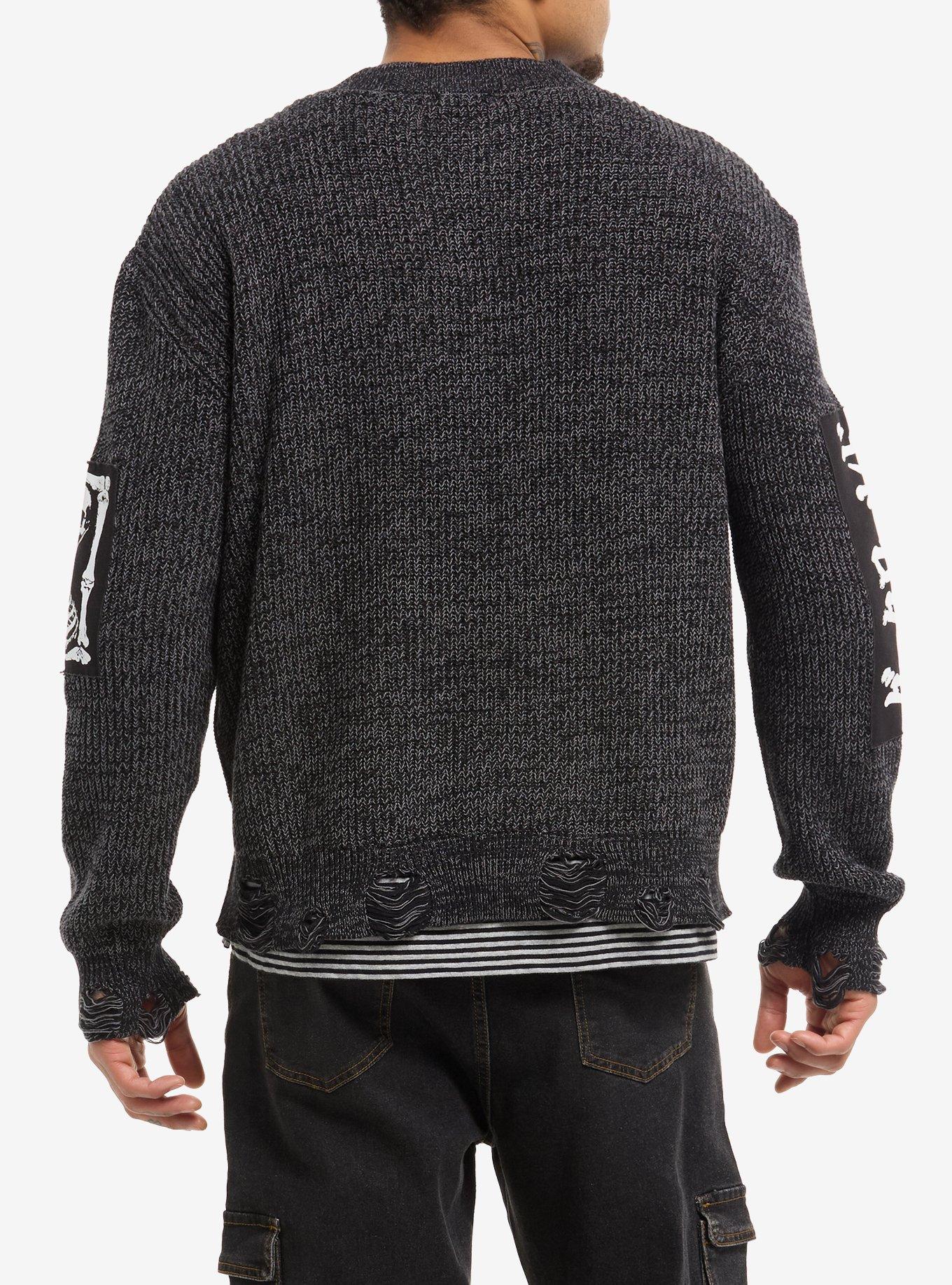 Grey Skull Heart Patch Destructed Cardigan, BLACK, alternate