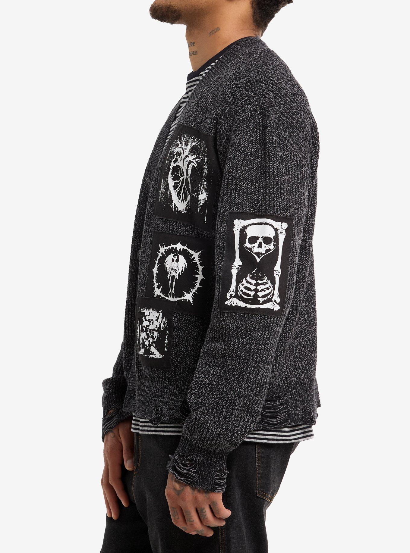 Grey Skull Heart Patch Destructed Cardigan, BLACK, alternate