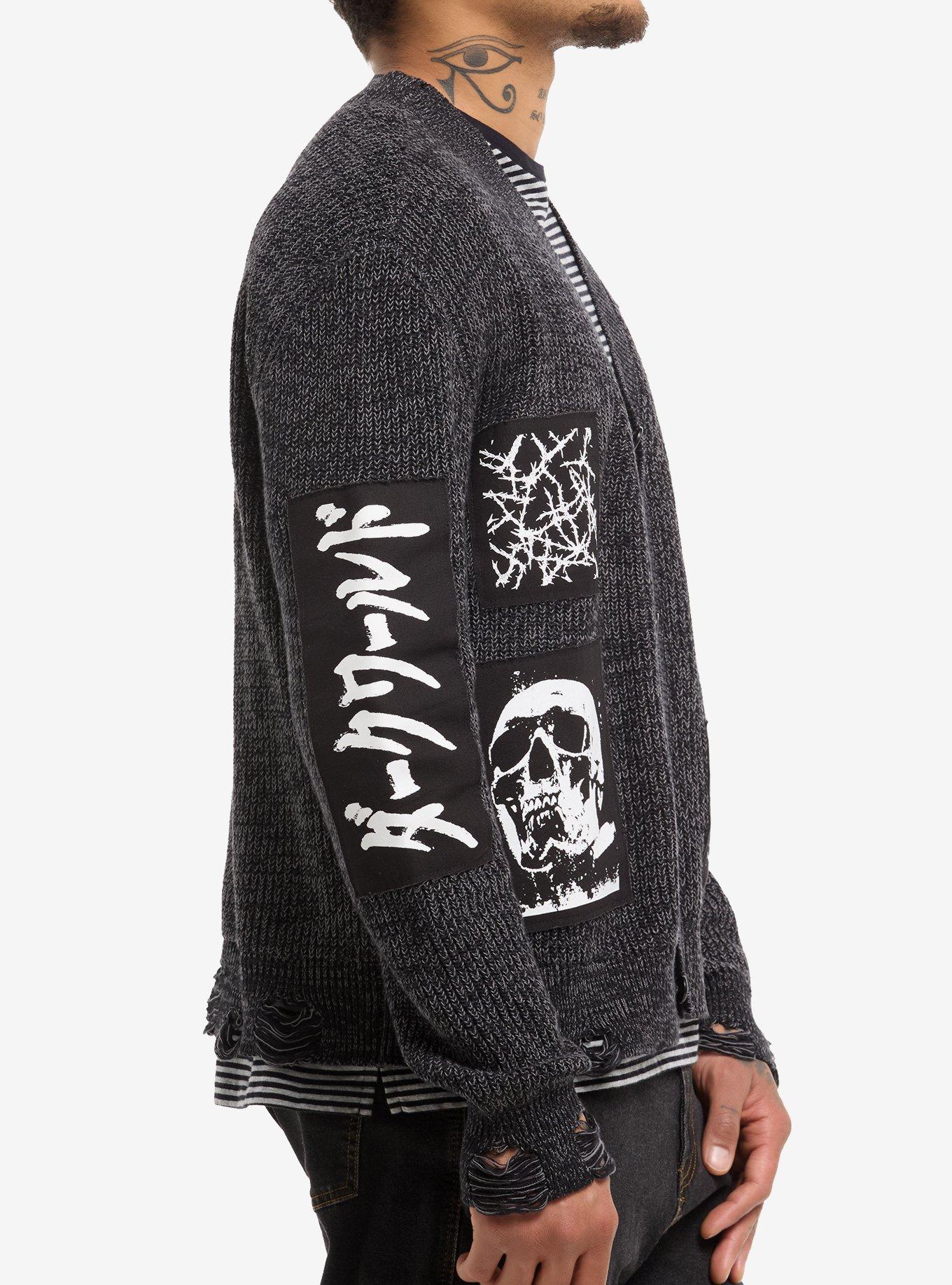 Grey Skull Heart Patch Destructed Cardigan, BLACK, alternate