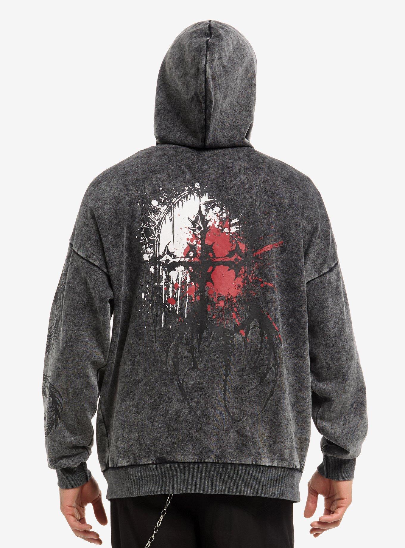 Skull Cross Patch Mineral Wash Hoodie, BLACK, alternate