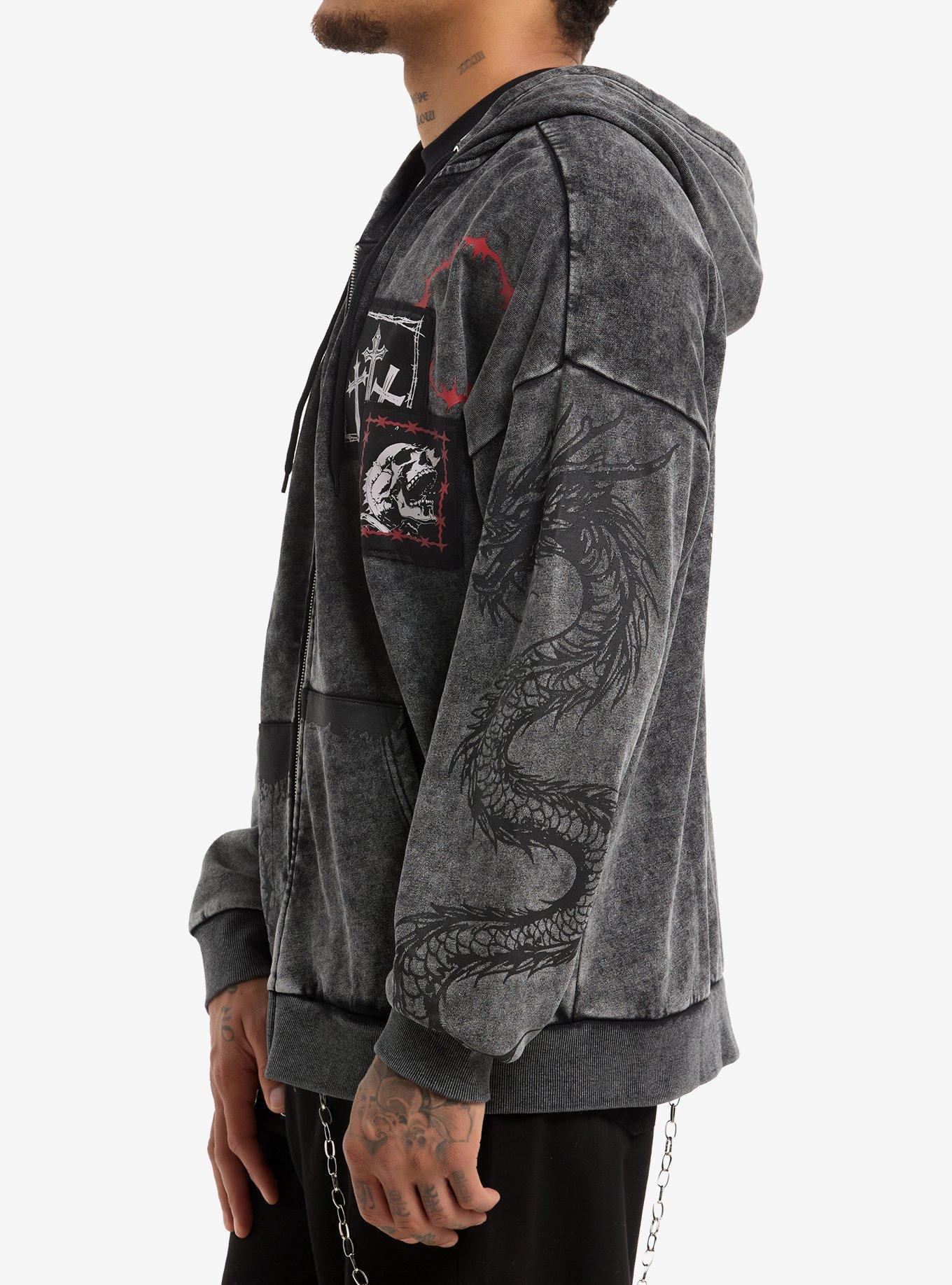 Skull Cross Patch Mineral Wash Hoodie, BLACK, alternate