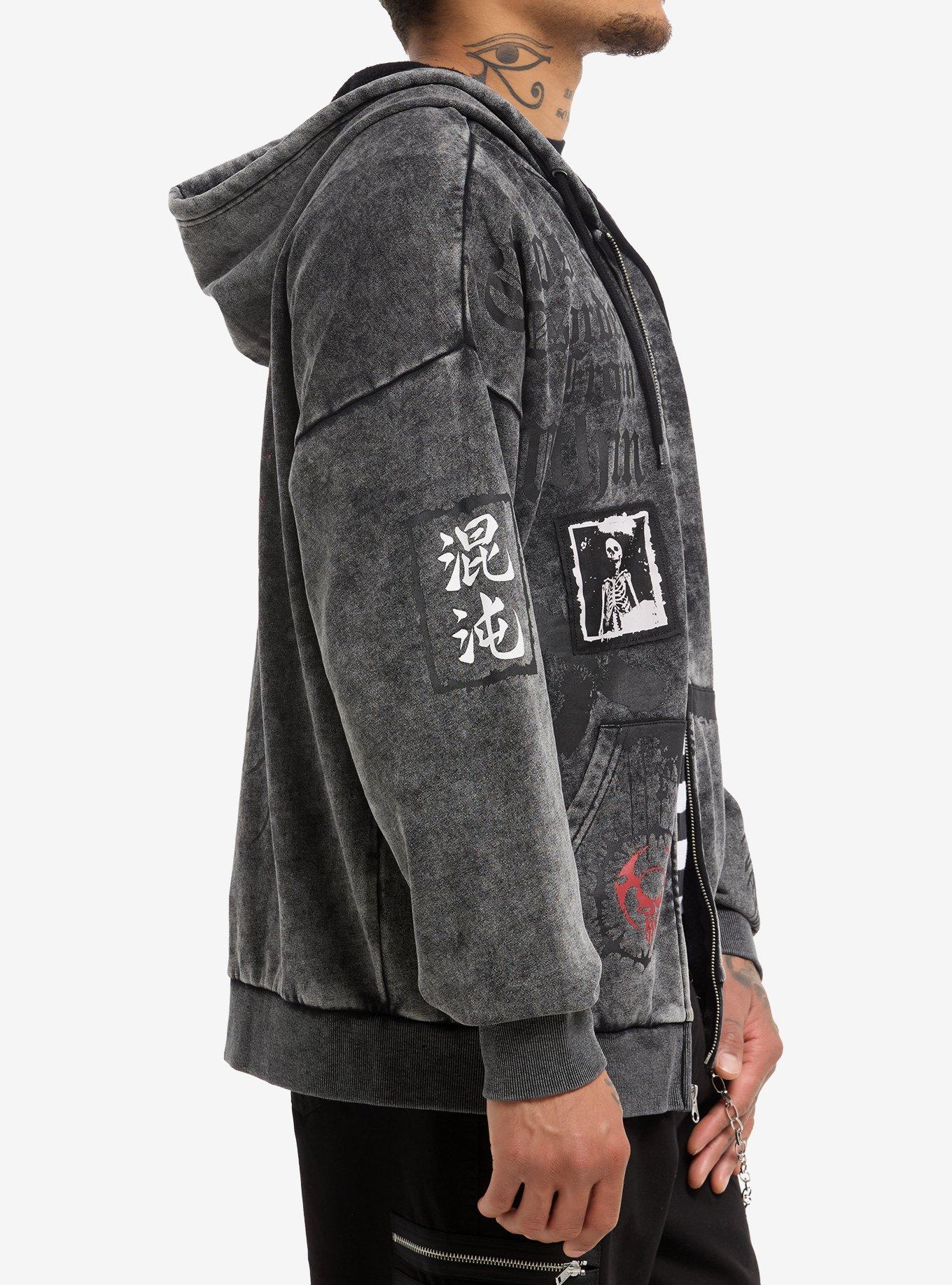 Skull Cross Patch Mineral Wash Hoodie, BLACK, alternate