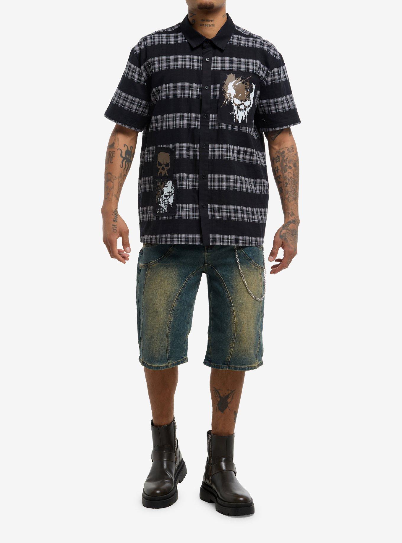 Skull Patch Plaid Stripe Woven Button-Up, , alternate