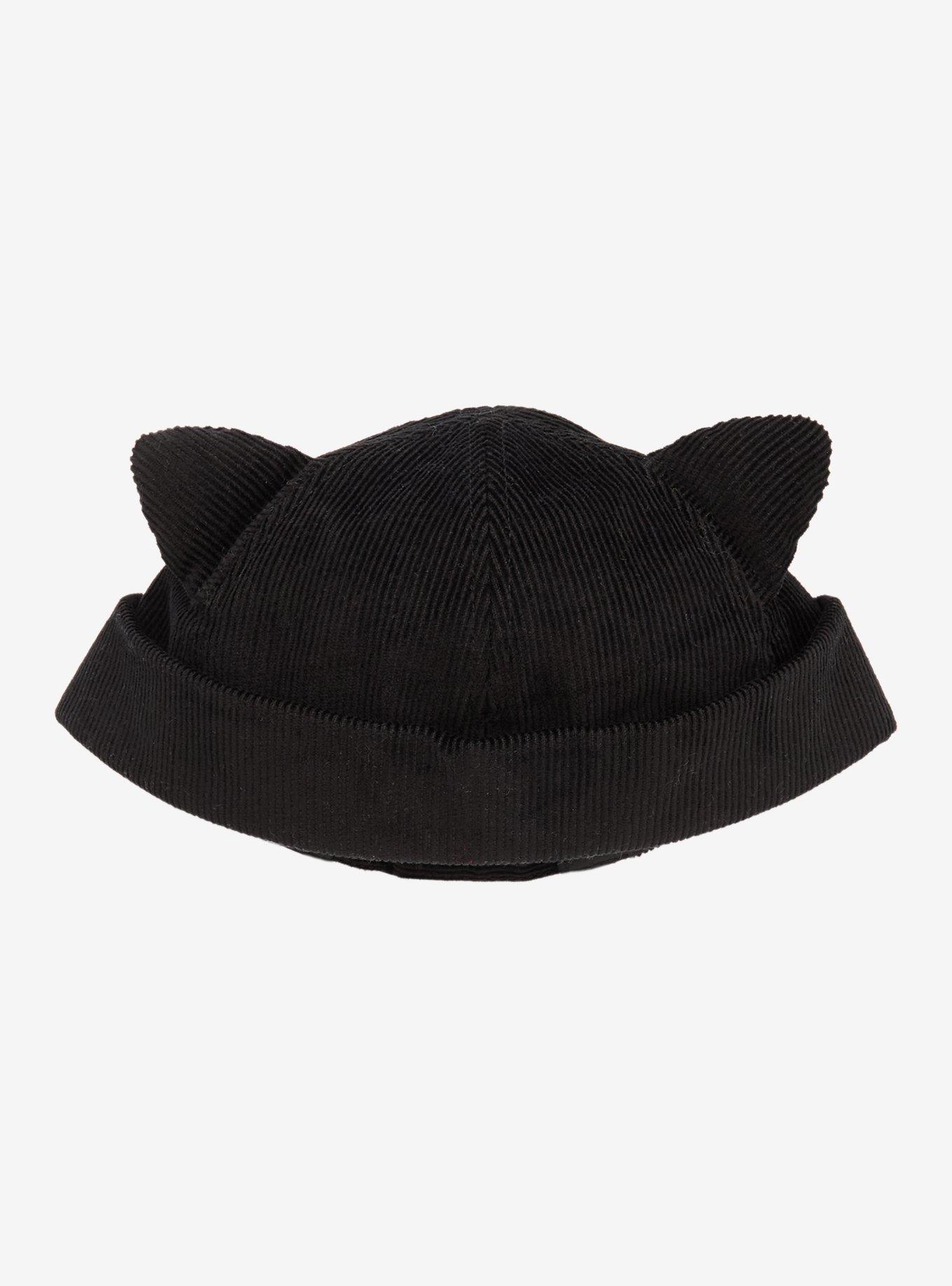 Black Corduroy Cat Ear Rolled Brim Cap, , alternate