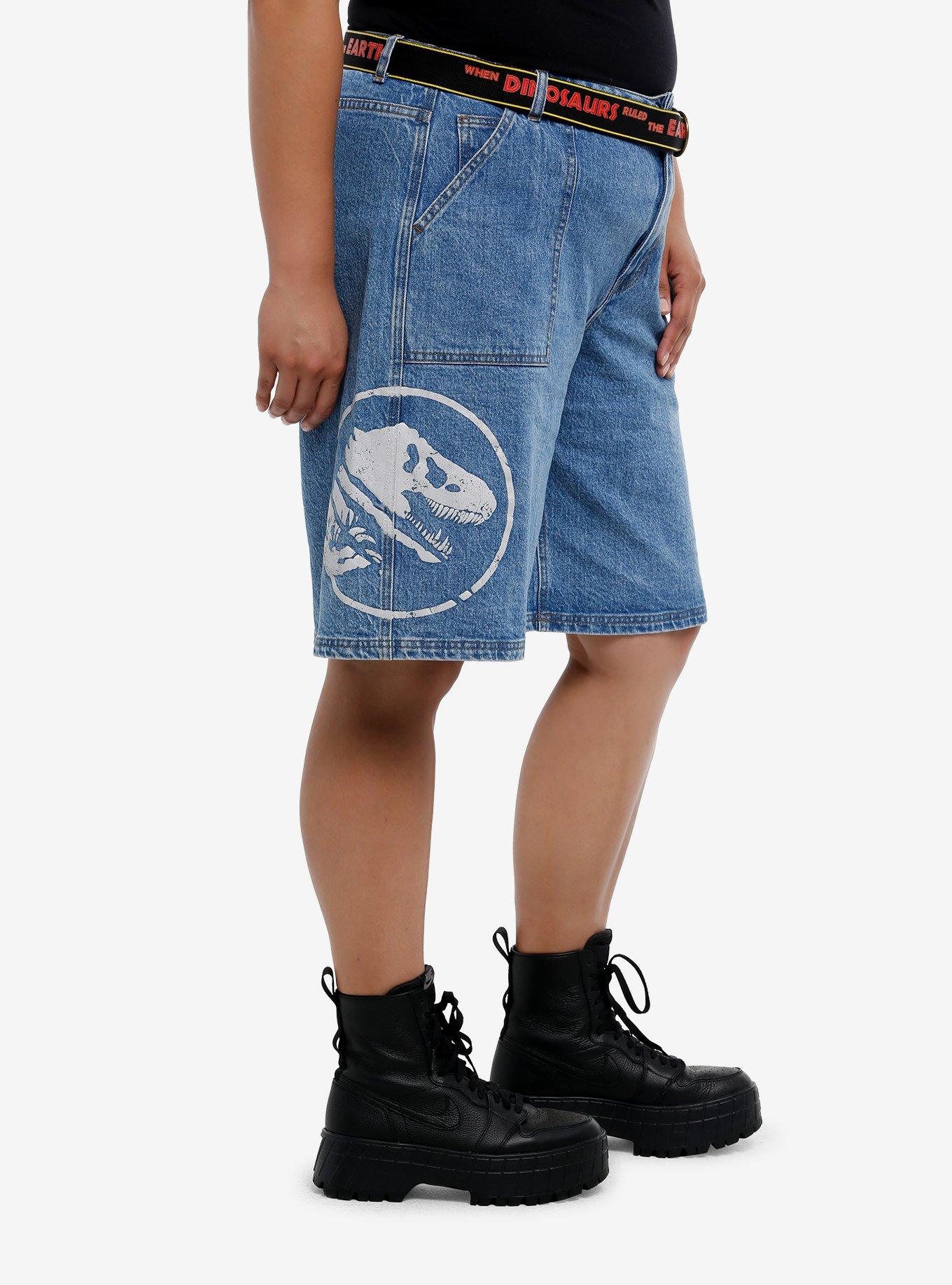 Her Universe Jurassic Park Logo Denim Jorts With Belt Plus Size, ORANGE, alternate