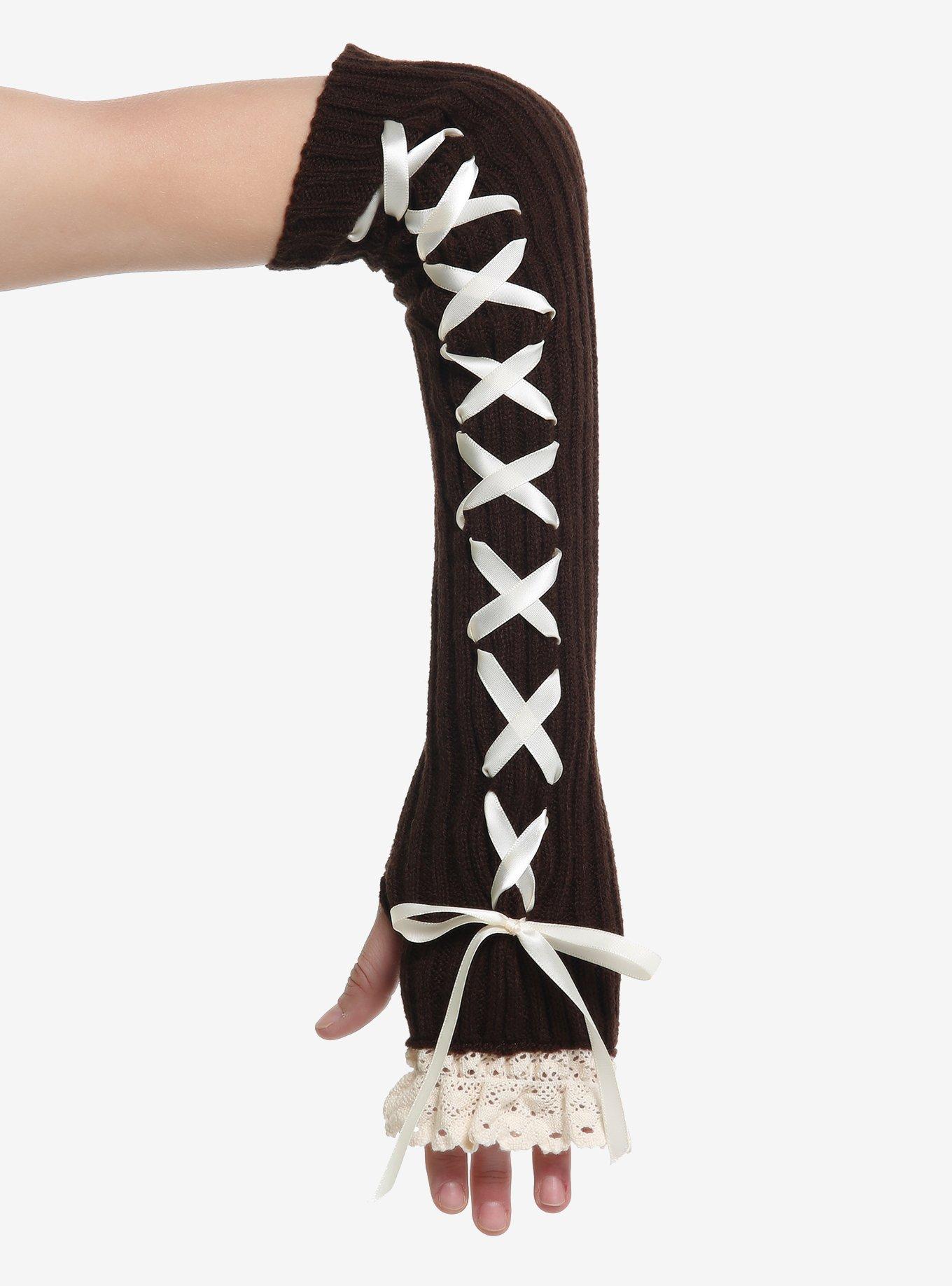 Brown & Ivory Lace-Up Arm Warmers, , hi-res