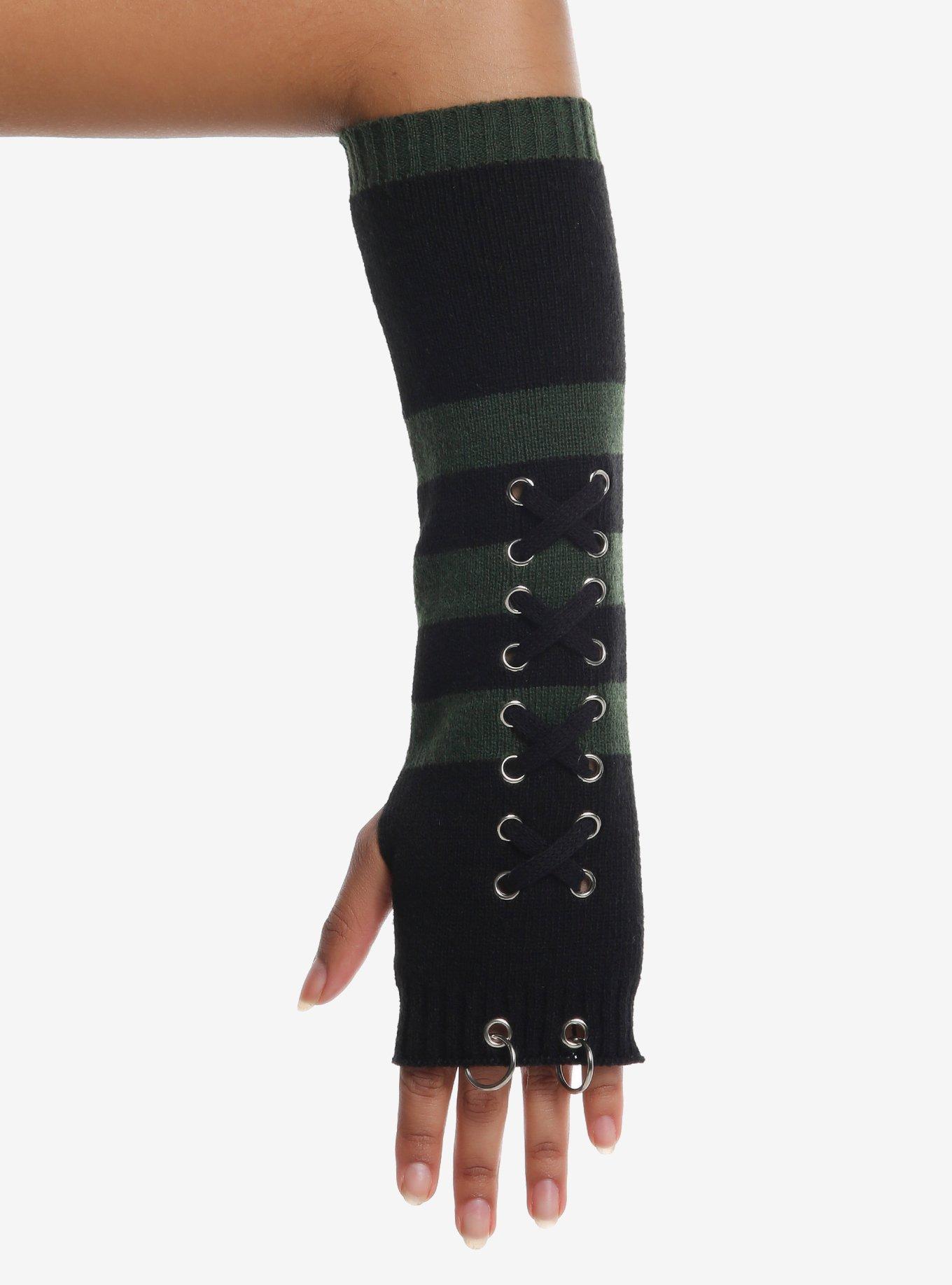 Green & Black Grommet Lace-Up Arm Warmers, , hi-res