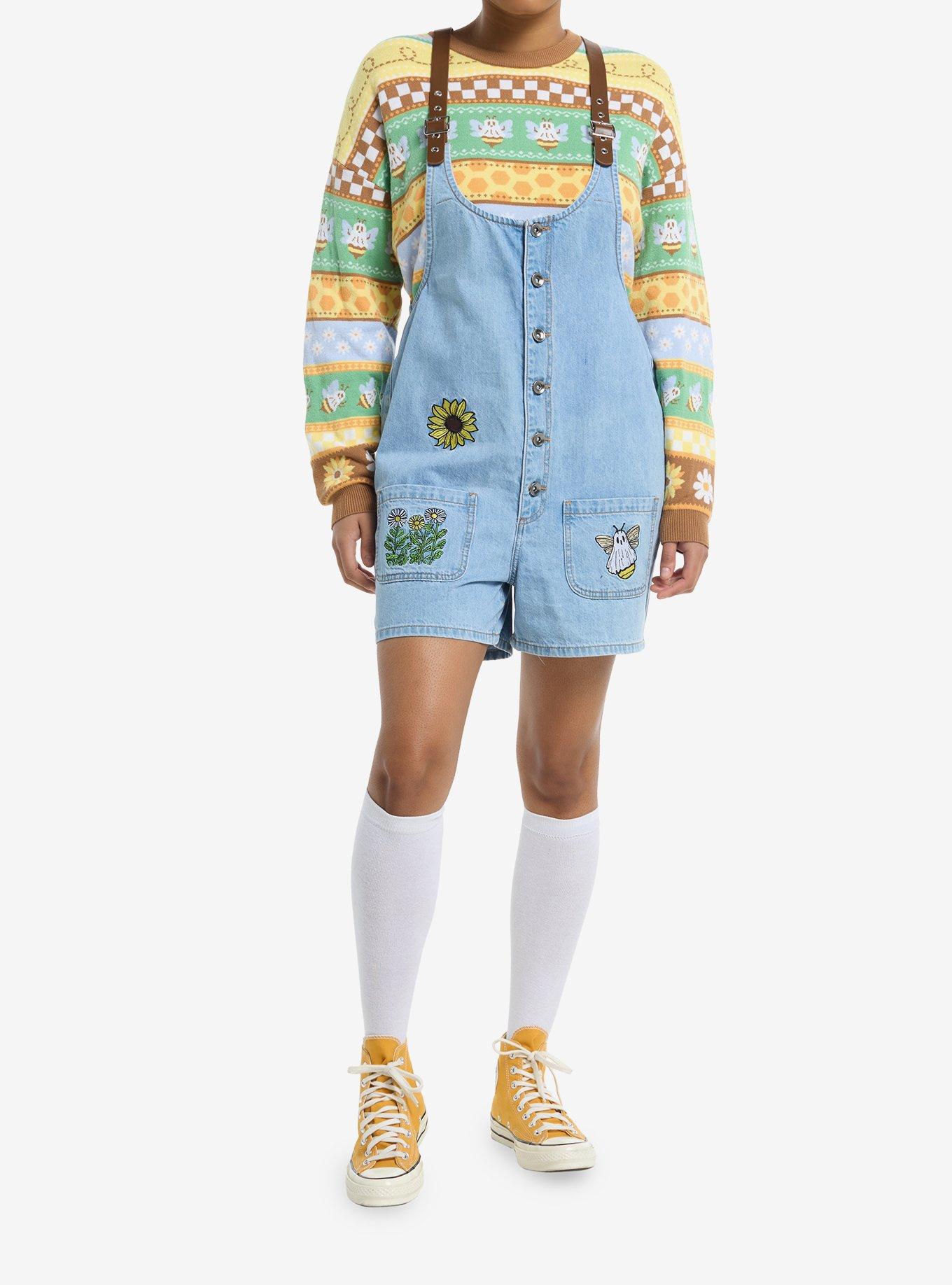 Ghost Bee & Flowers Embroidered Shortalls, , hi-res