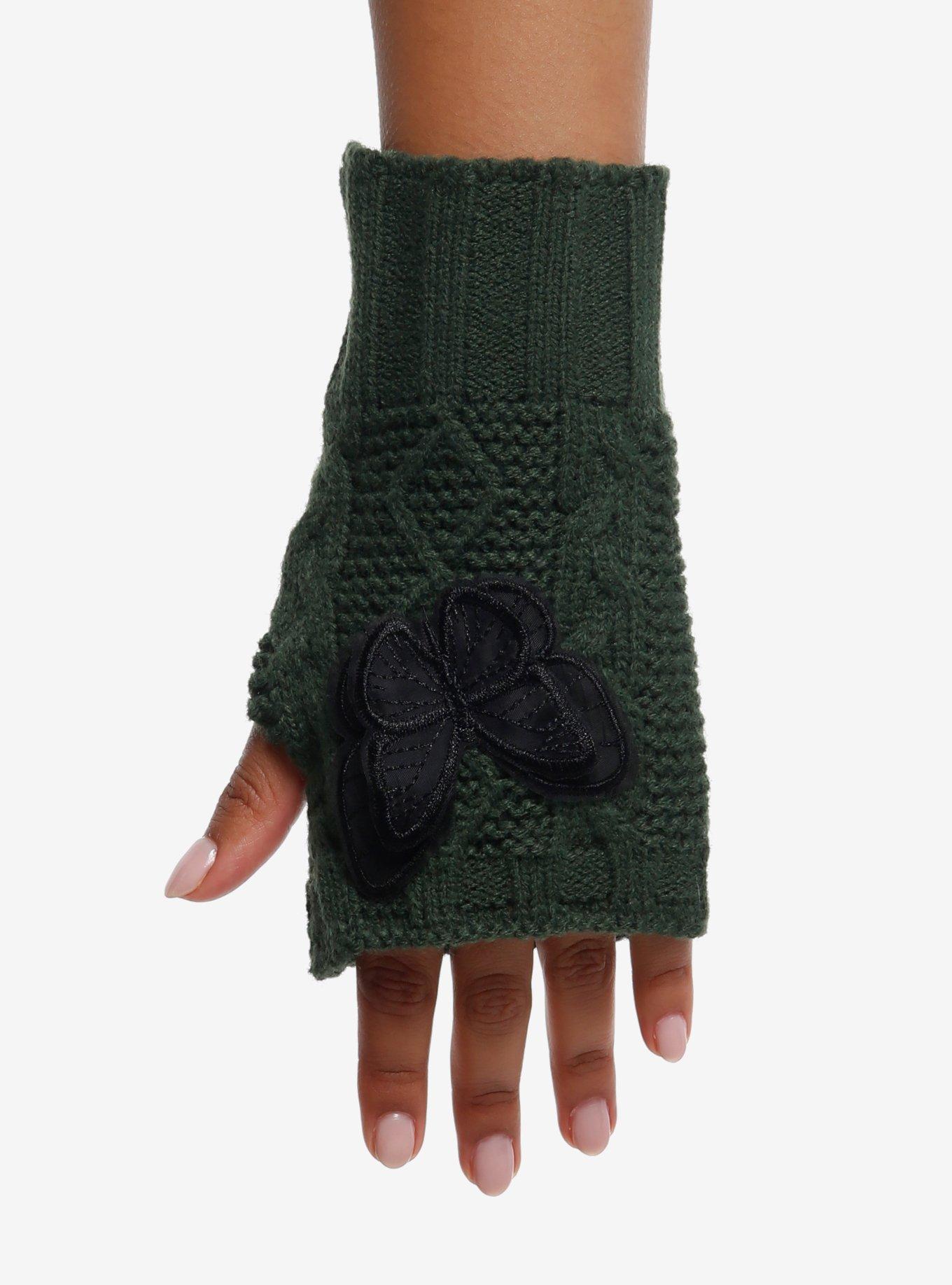Green Butterfly Applique Fingerless Gloves, , hi-res