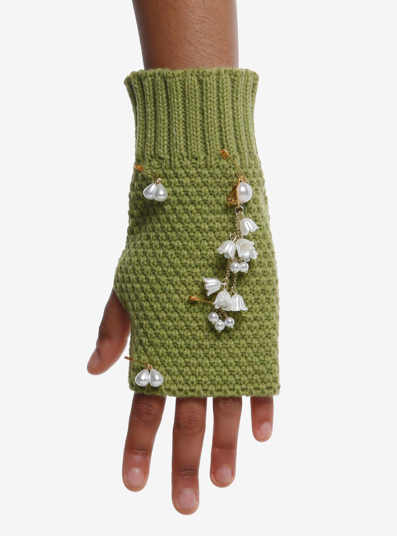 Green Knit Flower Charm Fingerless Gloves, , hi-res
