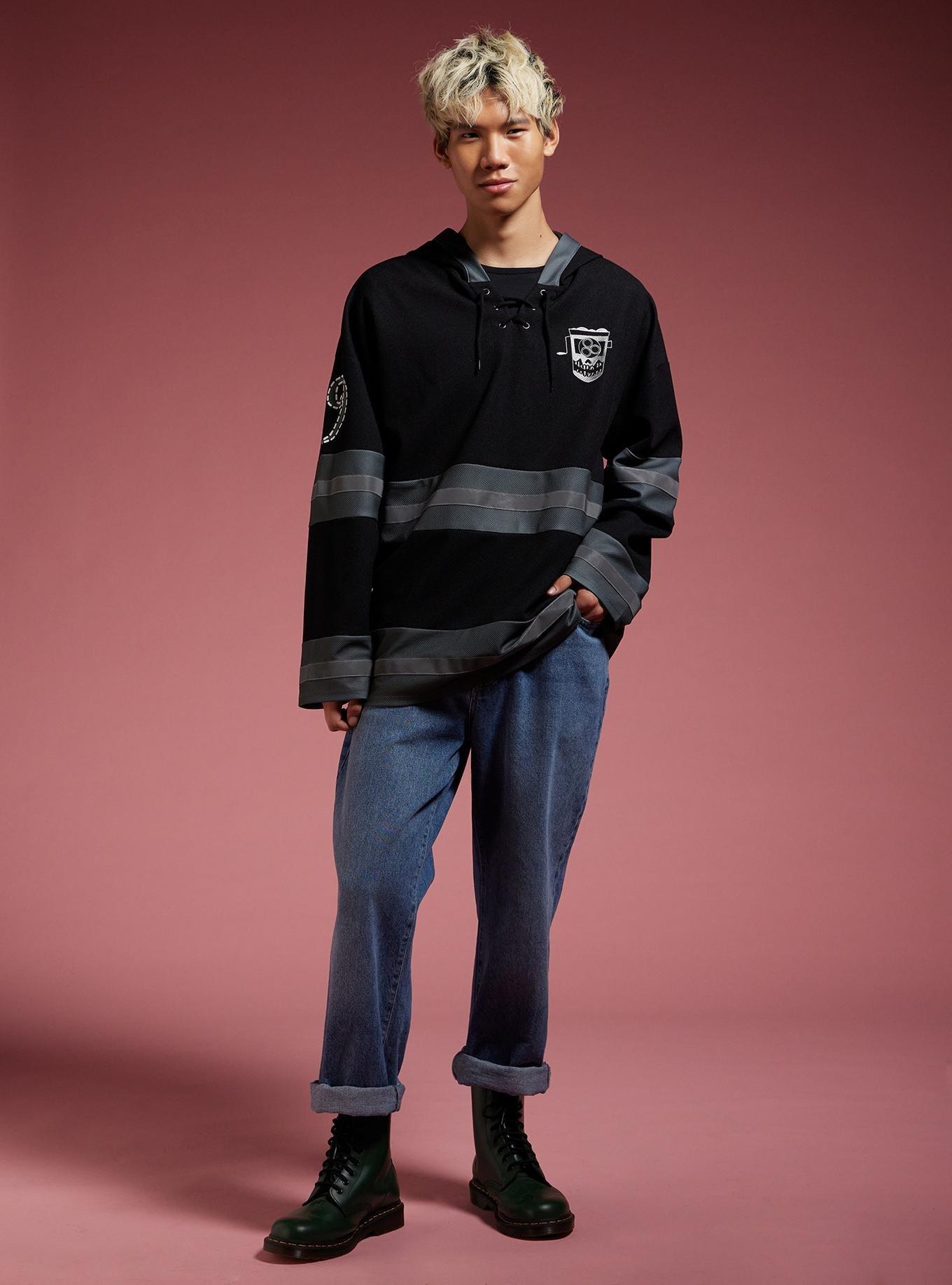 Coraline Wybie Hooded Hockey Jersey, BLACK  GREY, alternate - view 3