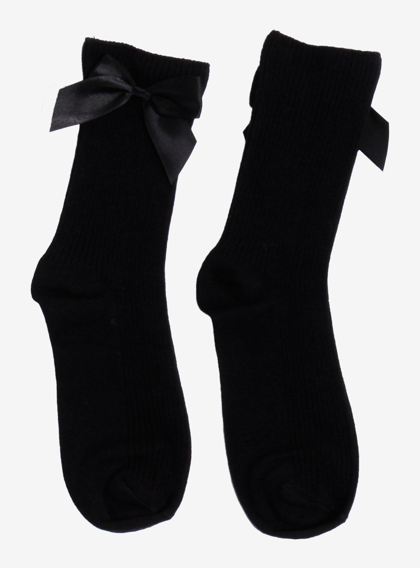 Black Satin Bow Crew Socks, , hi-res